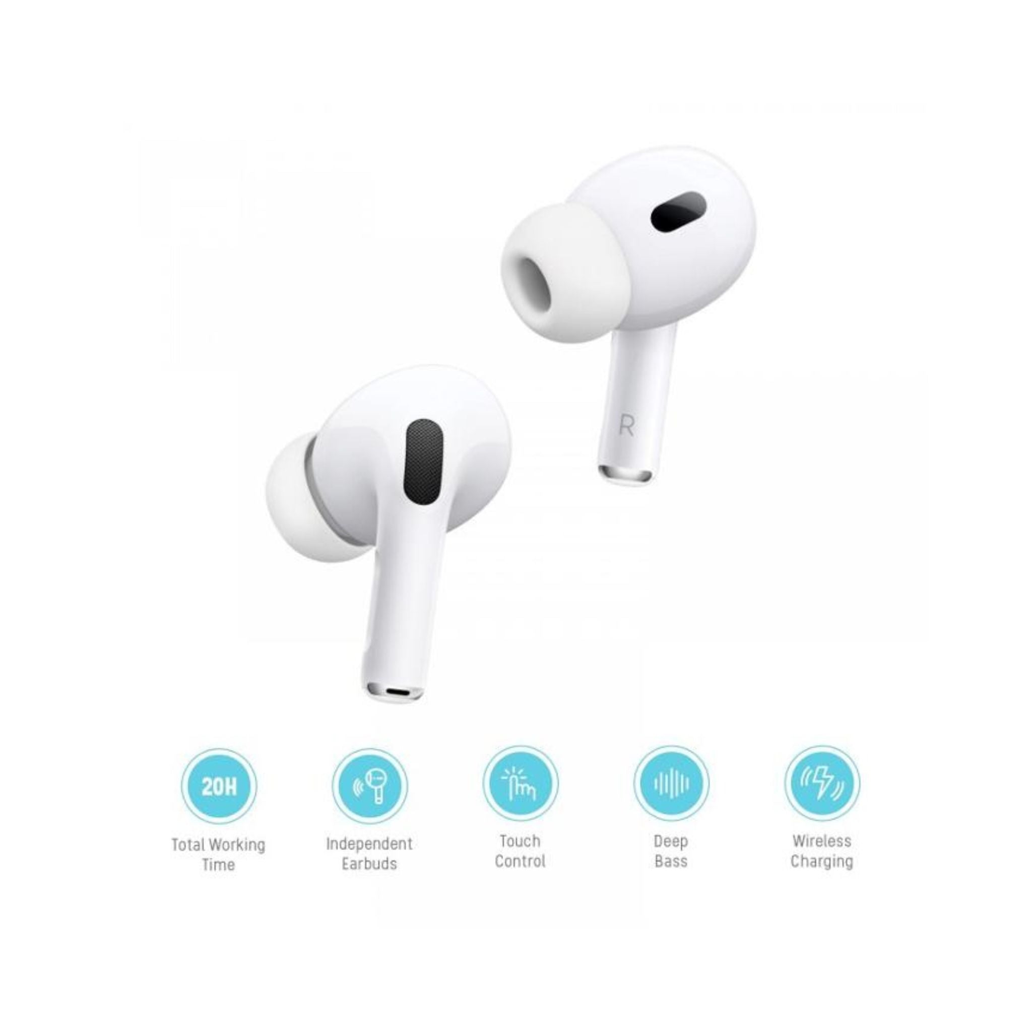 Porodo Blue Earbuds Pro 2 With Swipe Volume, 20 Hours Working Time, Wireless Charging, Deep Bass, Independent Earbuds, Touch Control - White