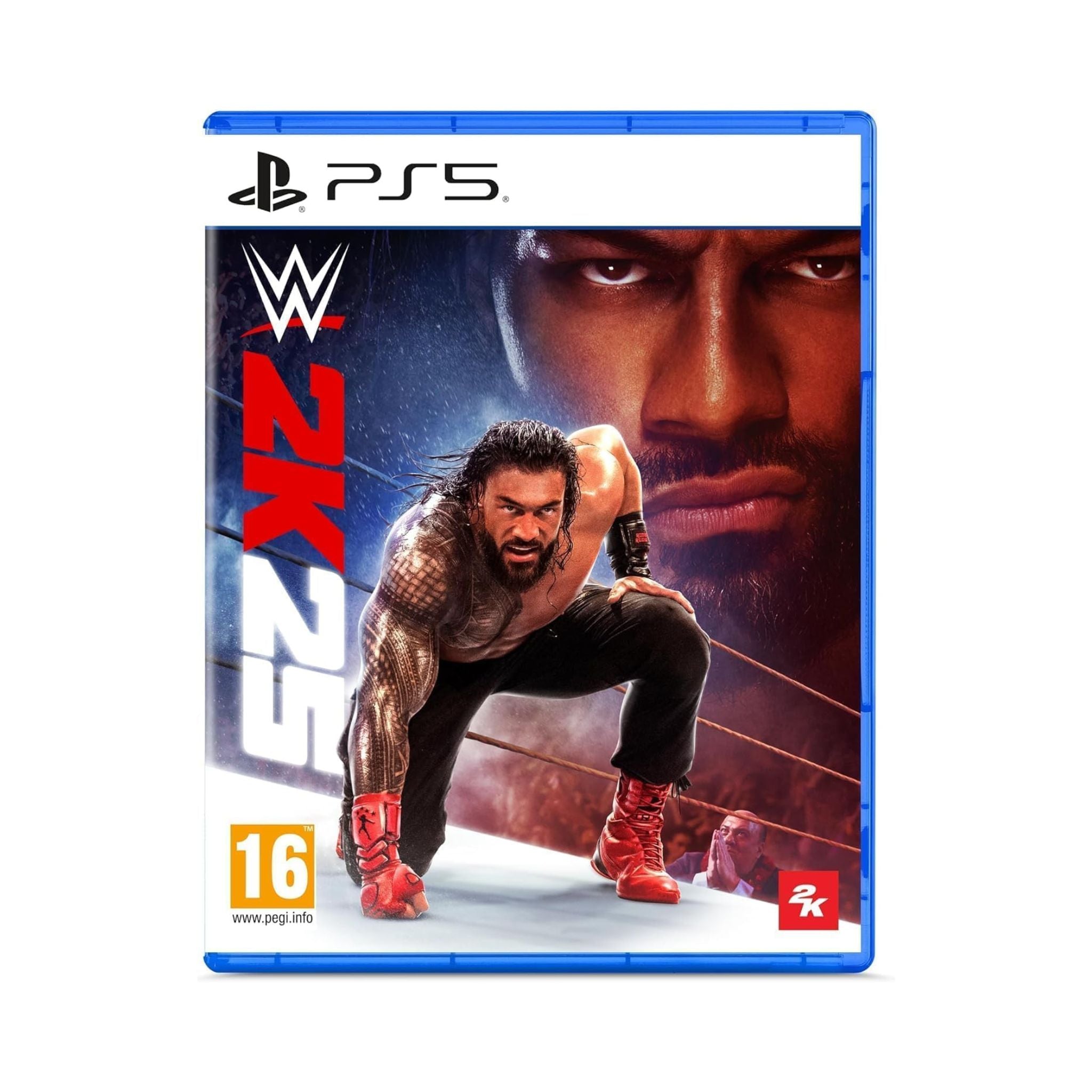 PlayStation 5 game case for WWE 2K23 with a wrestler and close-up of a face on a white background