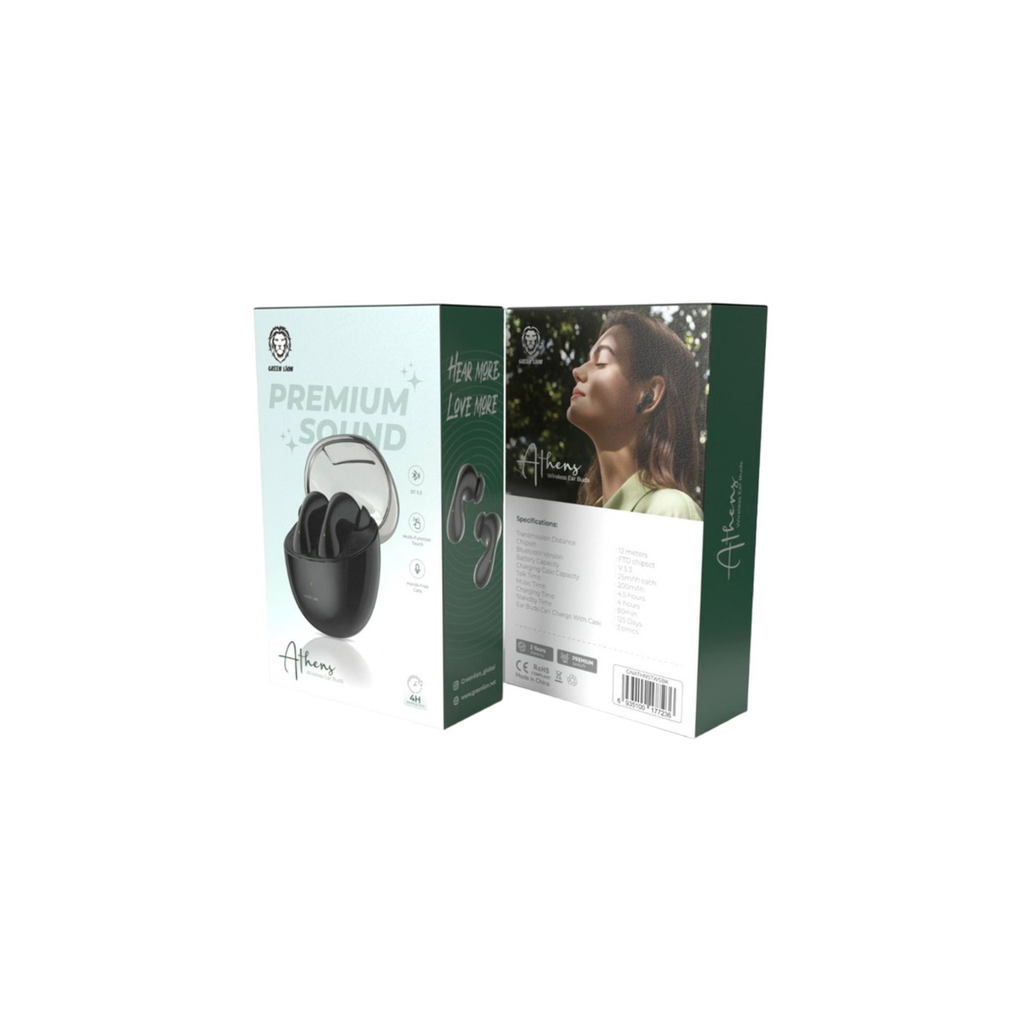 Green Lion Athens Wireless Earbuds, 4 Hours Playing Time, 70 Min Charging Time, Multi-Function Touch, FTD Chipset, 200 mAh Battery Capacity - Black