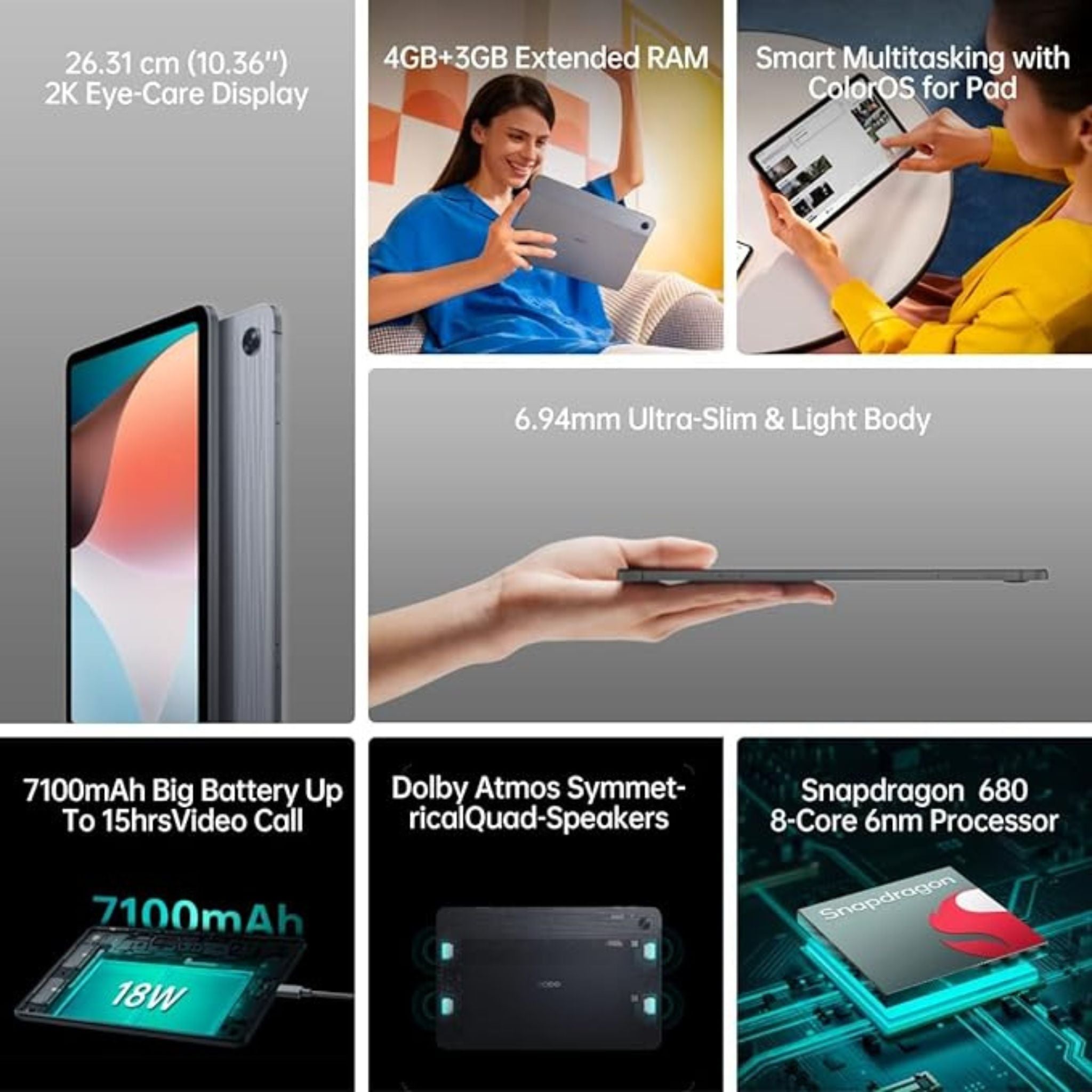 OPPO Pad Air WiFi Tablet, 6.94mm Ultra-Slim Lightweight Body, 2K Eye Care Display, Qualcomm Snapdragon 680 8-Core Processor, Smart Multitasking, 4GB RAM, 64GB Storage – Grey
