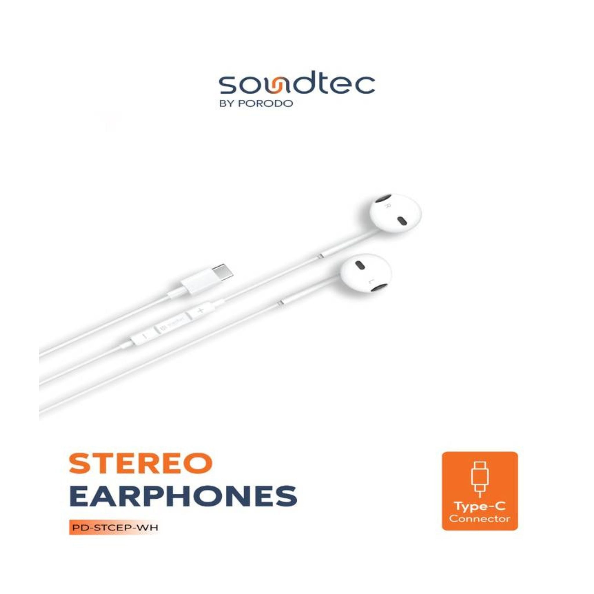 Porodo Soundtec Stereo Earphones with Type-C Connector, High-Clarify Microphone, ABS Material, 120 cm Tangle Free Cable - White