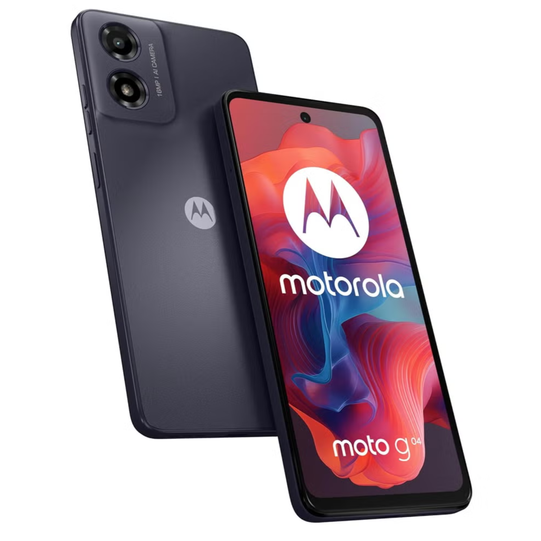 Motorola G04 smartphone in Concord Black color with dual rear cameras and the Motorola logo on the back, displaying a colorful screen with the Moto G+ branding.
