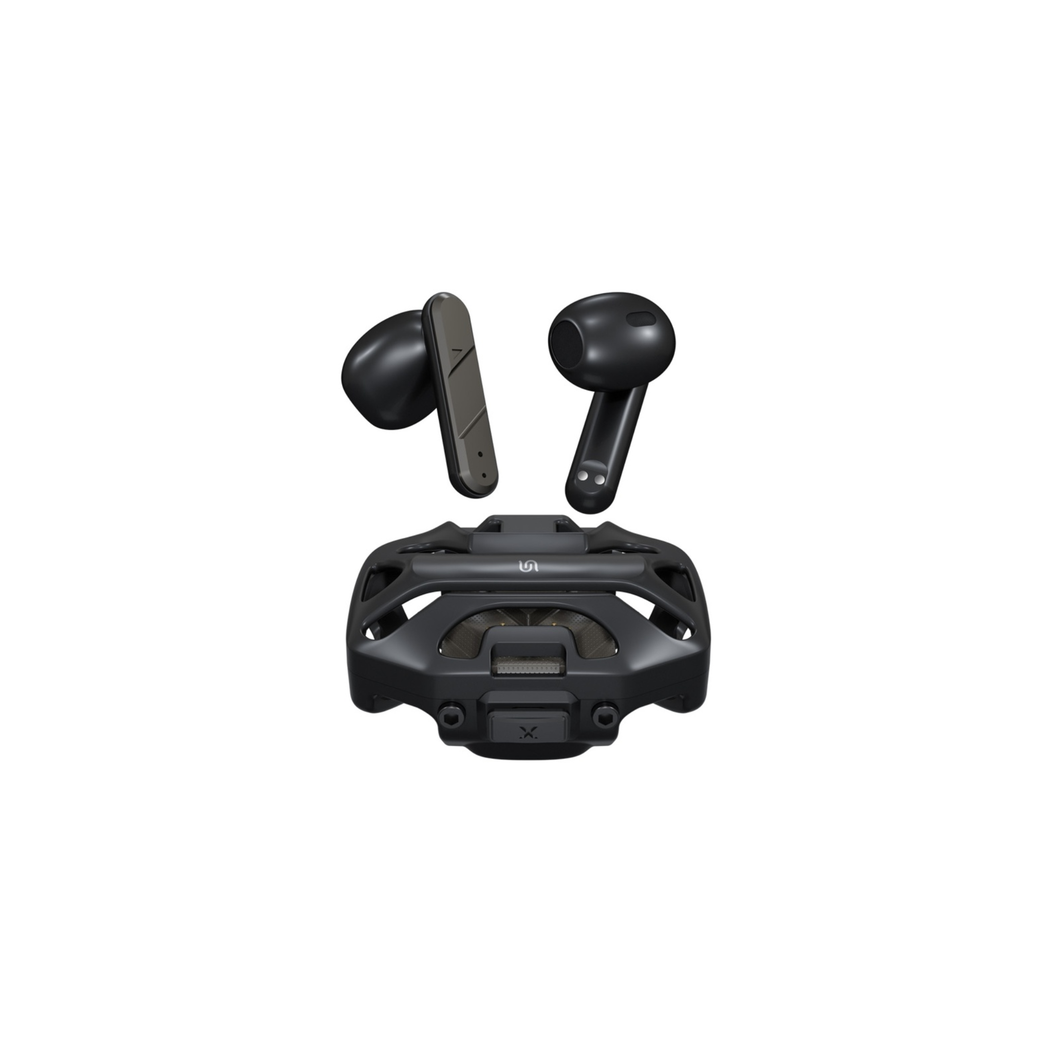 A single black true wireless earbud with a charging case.
