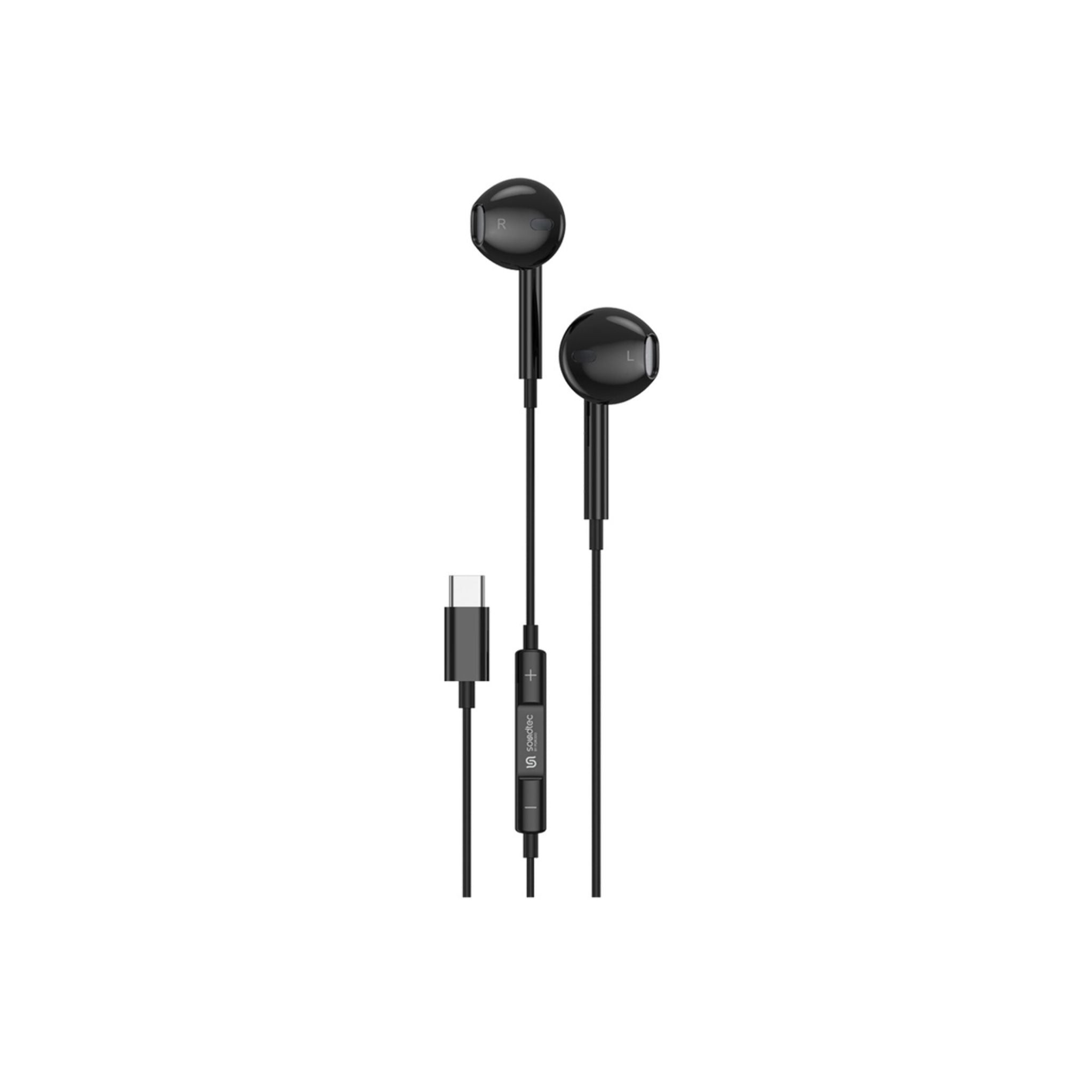 Black Porodo Soundtec Stereo Earphones with Type-C connector and inline microphone.