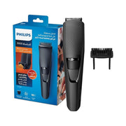 Philips beard trimmer with packaging and additional attachment on a white background