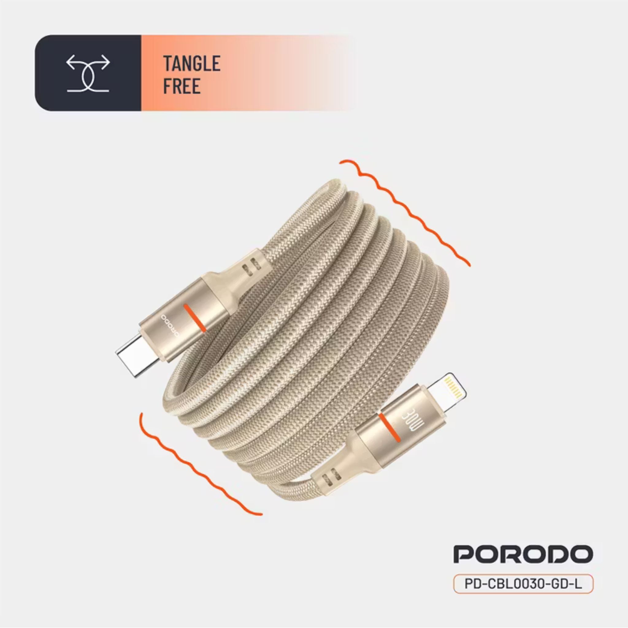 Porodo Type-C to Lightning Magnetic Braided Cable with 30W Power Delivery, 1.2m Cable Length, More than 15,000 Bends Lifespan, Tangle-Free Design - Gold