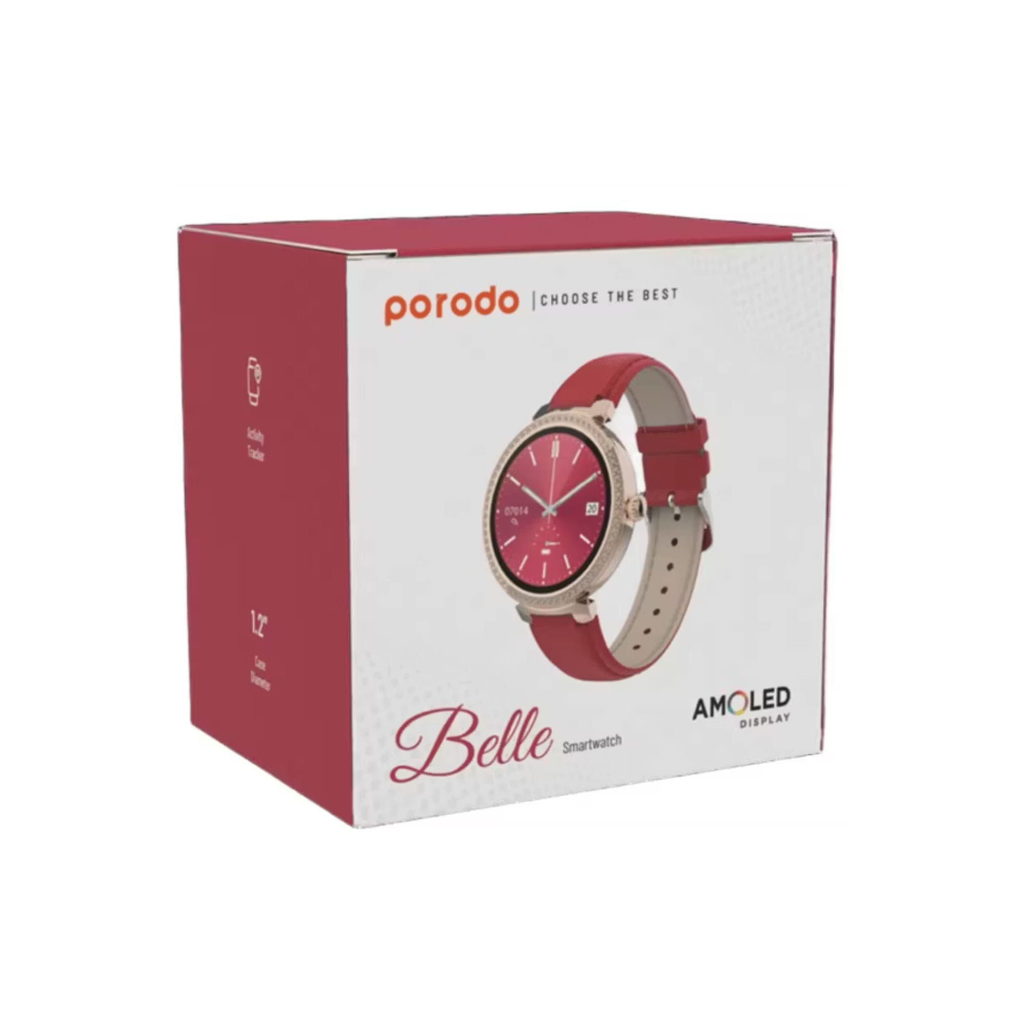 Porodo Belle Lady Smart Watch Rose Gold Dial, Bluetooth V5.4, Zinc Alloy + ABS Material, 1.19" Screen Size, AMOLED Display, Activity Tracker - Red