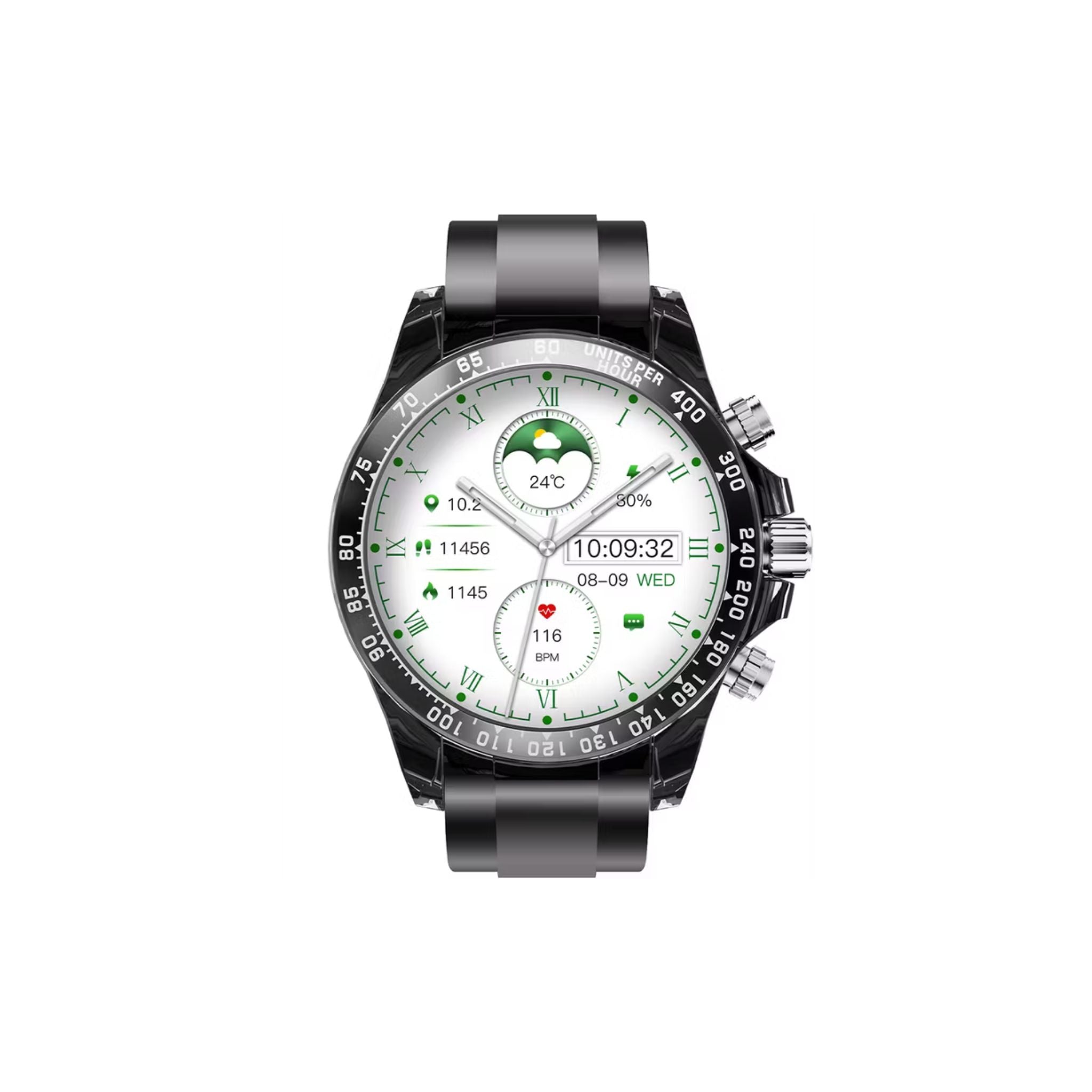 Smartwatch with a black strap on a white background