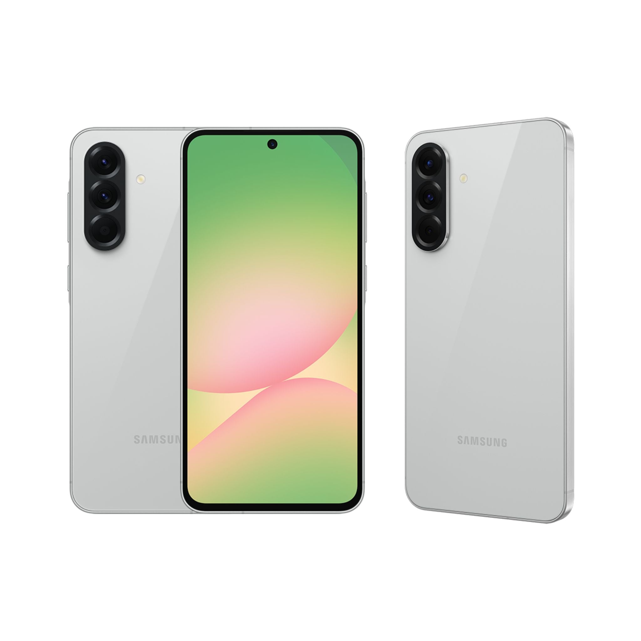 Samsung smartphone showing front and back on a white background