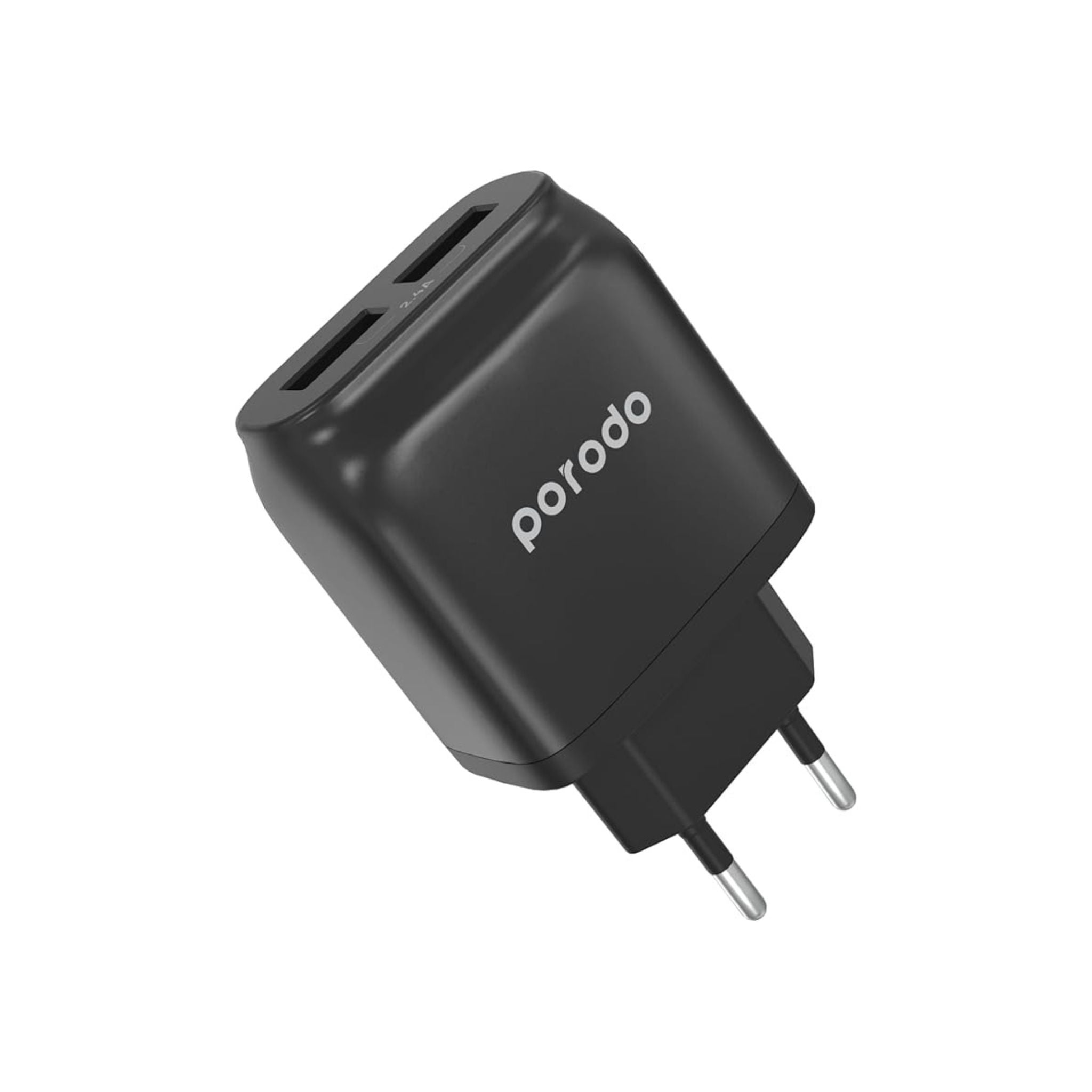 Porodo Dual USB Wall Charger 2.4A EU 2Pin Plug, Protective Safeguard, Over-Heat Protection, Fire-Proof Material, Fast Charge, Universal Compatibility - Black