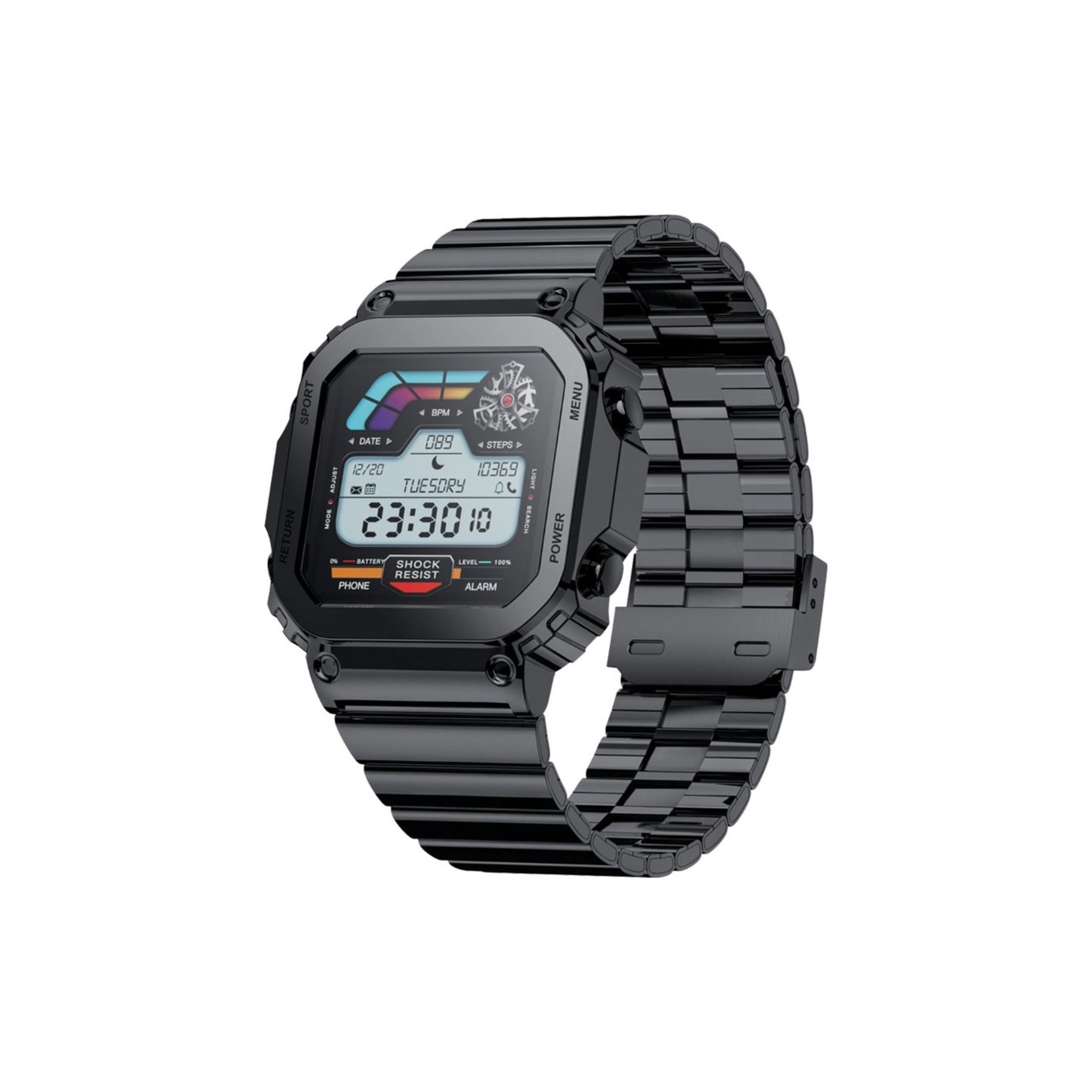 A black Porodo Nomad smartwatch with a digital display and a silicone band.