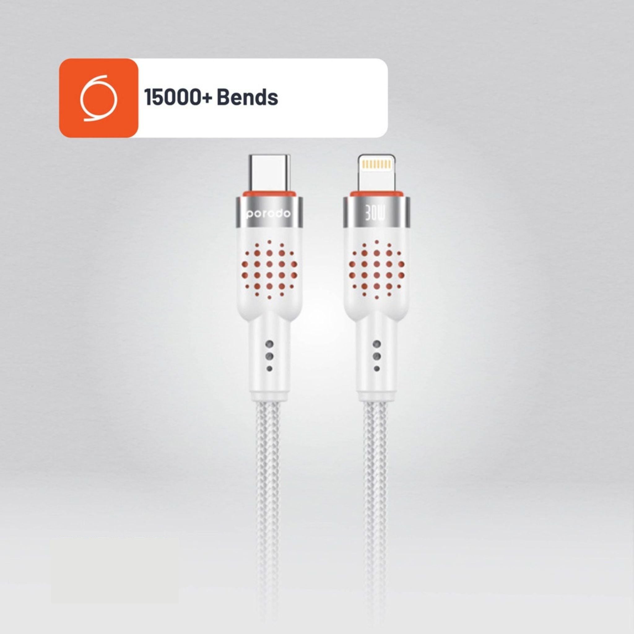 Porodo Braided Type-C to Lightning Cable with 30W Power Delivery, 1.2m Cable Length, 480Mbps Transfer Speed, More than 15,000 Bends Lifespan, Tangle-Free Design - White