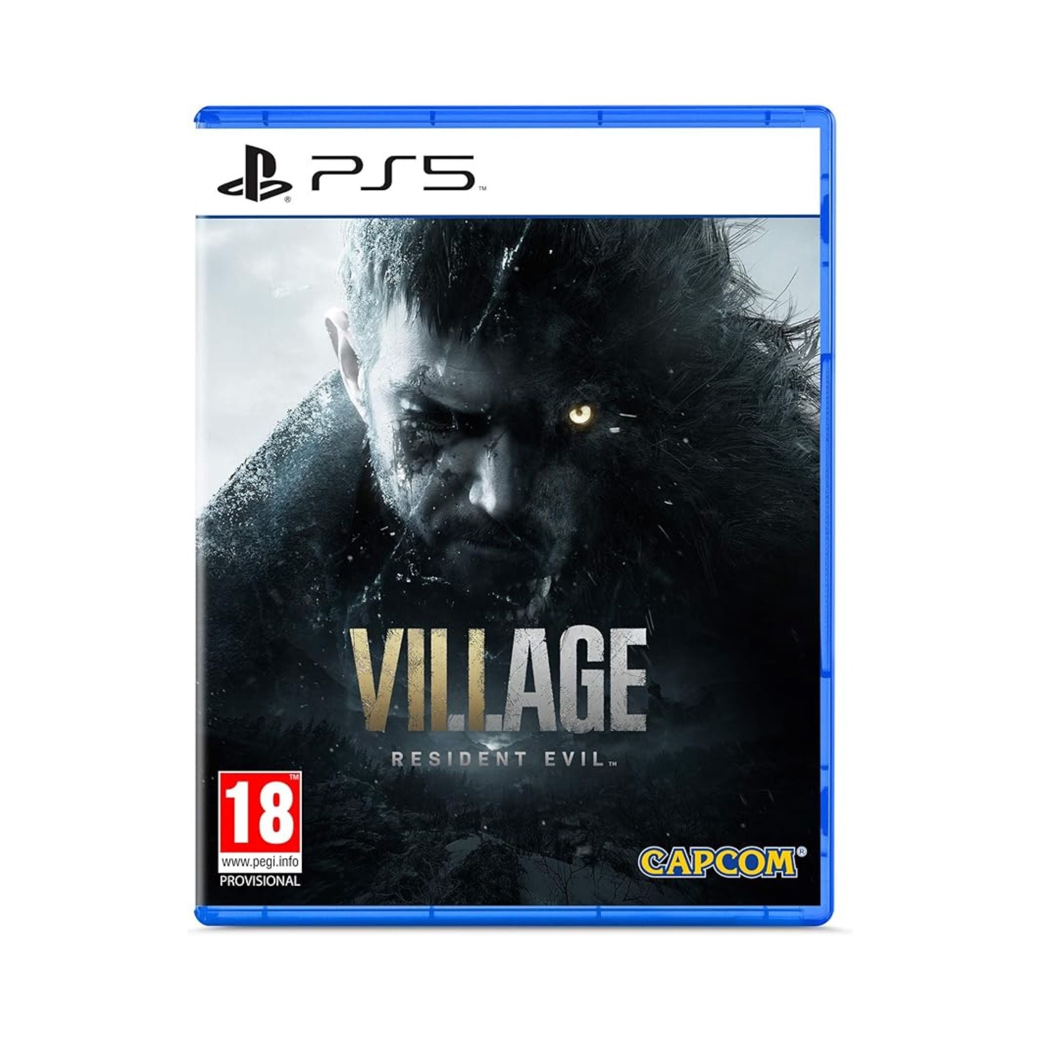PlayStation 5 game case for 'Resident Evil Village' with a dark cover featuring a character's face.