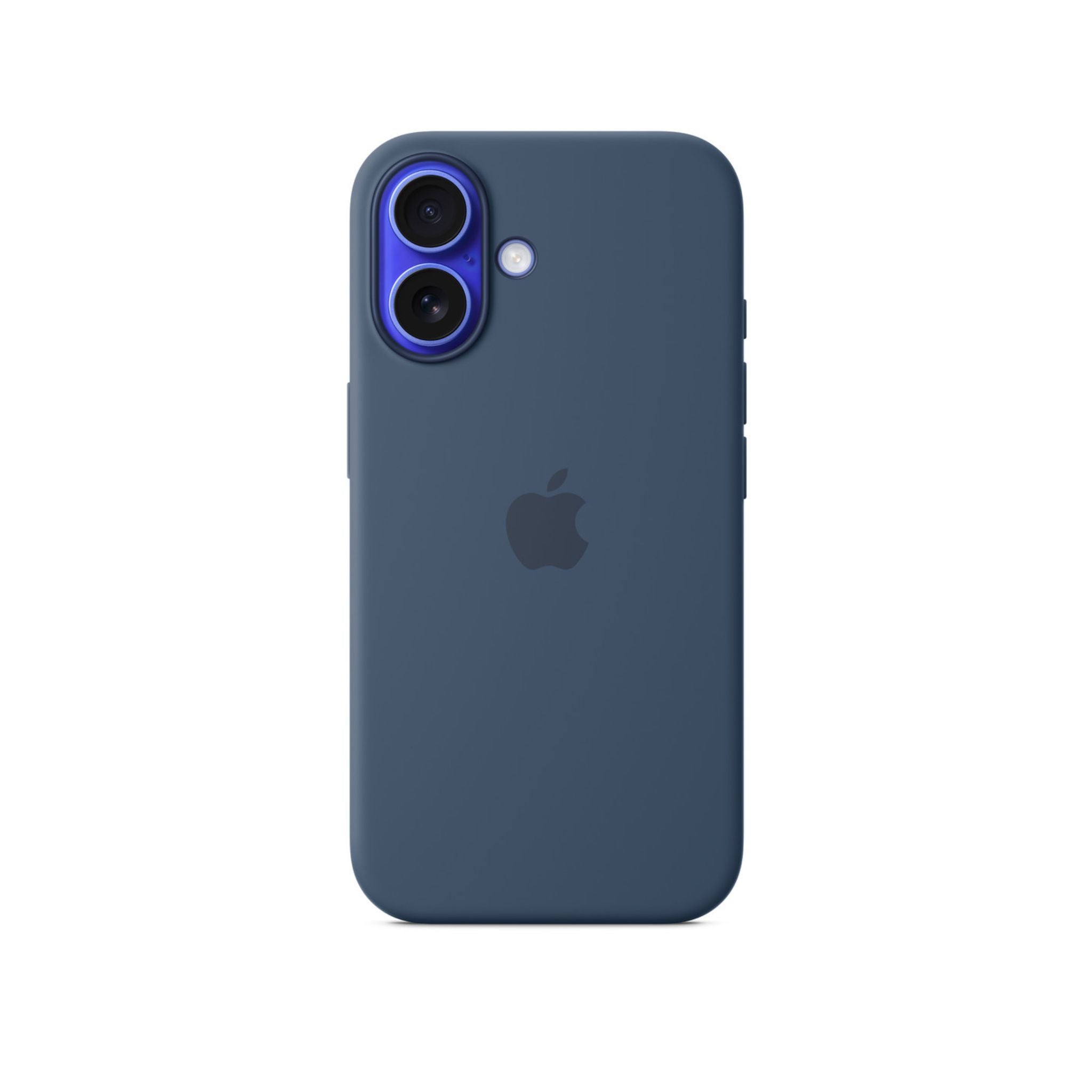 A blue silicone case for iPhone 16 with MagSafe technology.