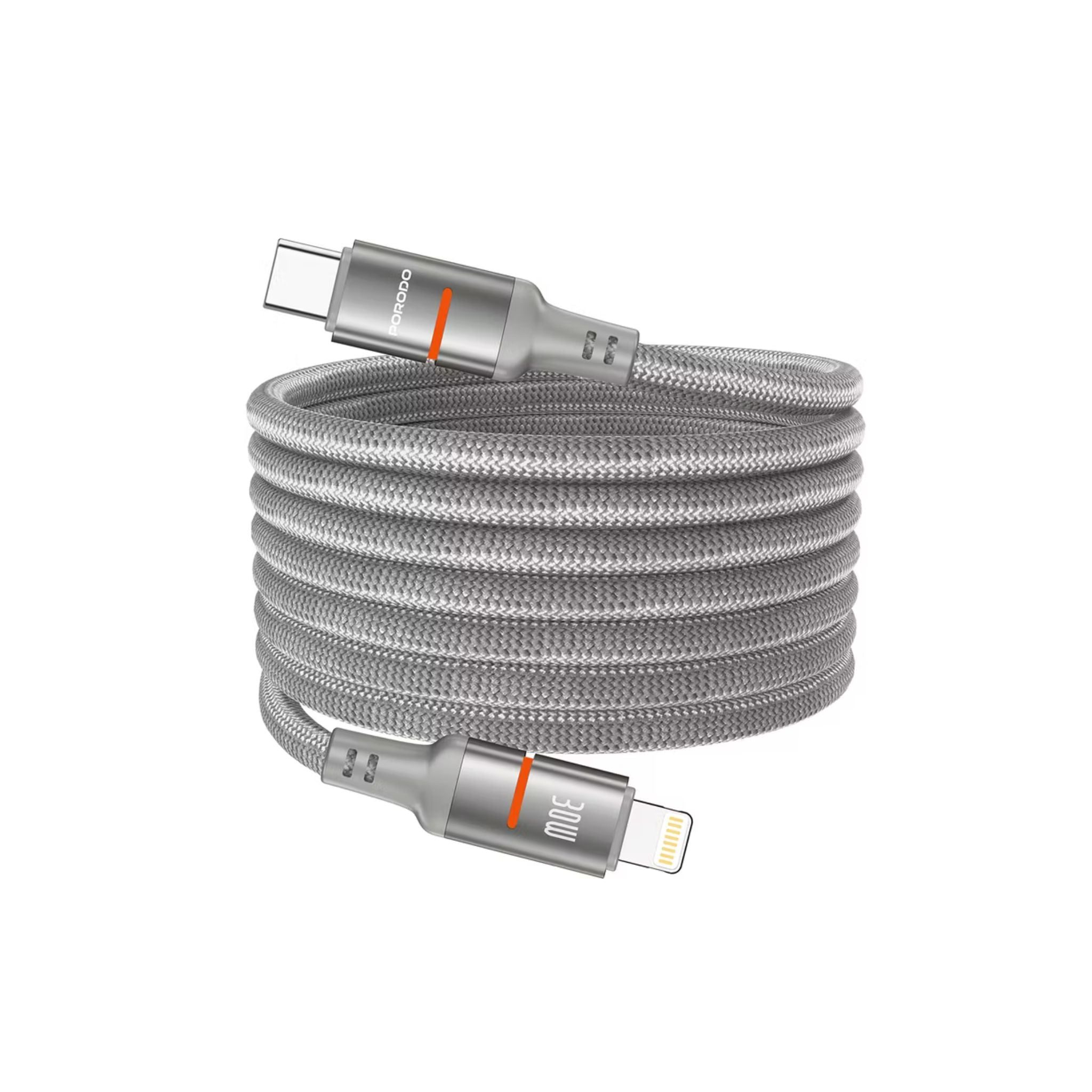 Braided cable with USB-C and Lightning connectors on a white background