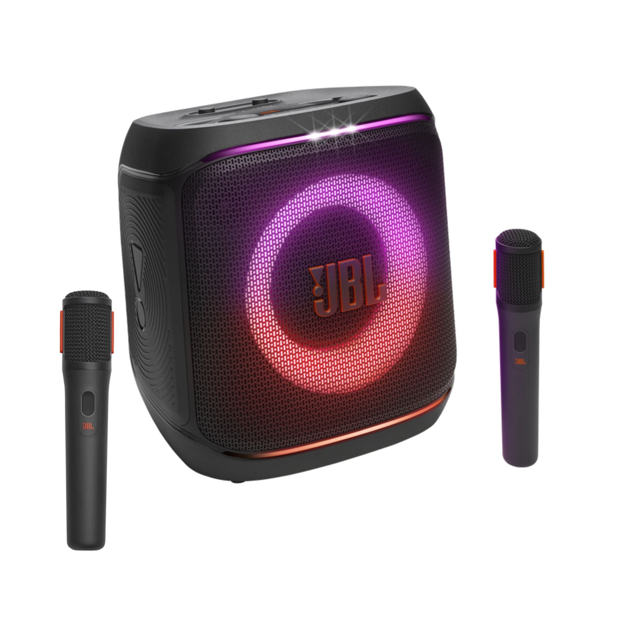 JBL PartyBox with two wireless microphones on a white background