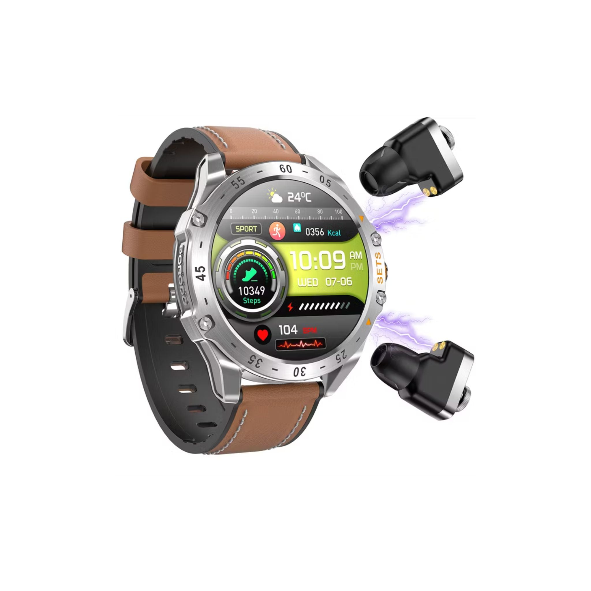 Smartwatch with brown leather strap and additional device on a white background