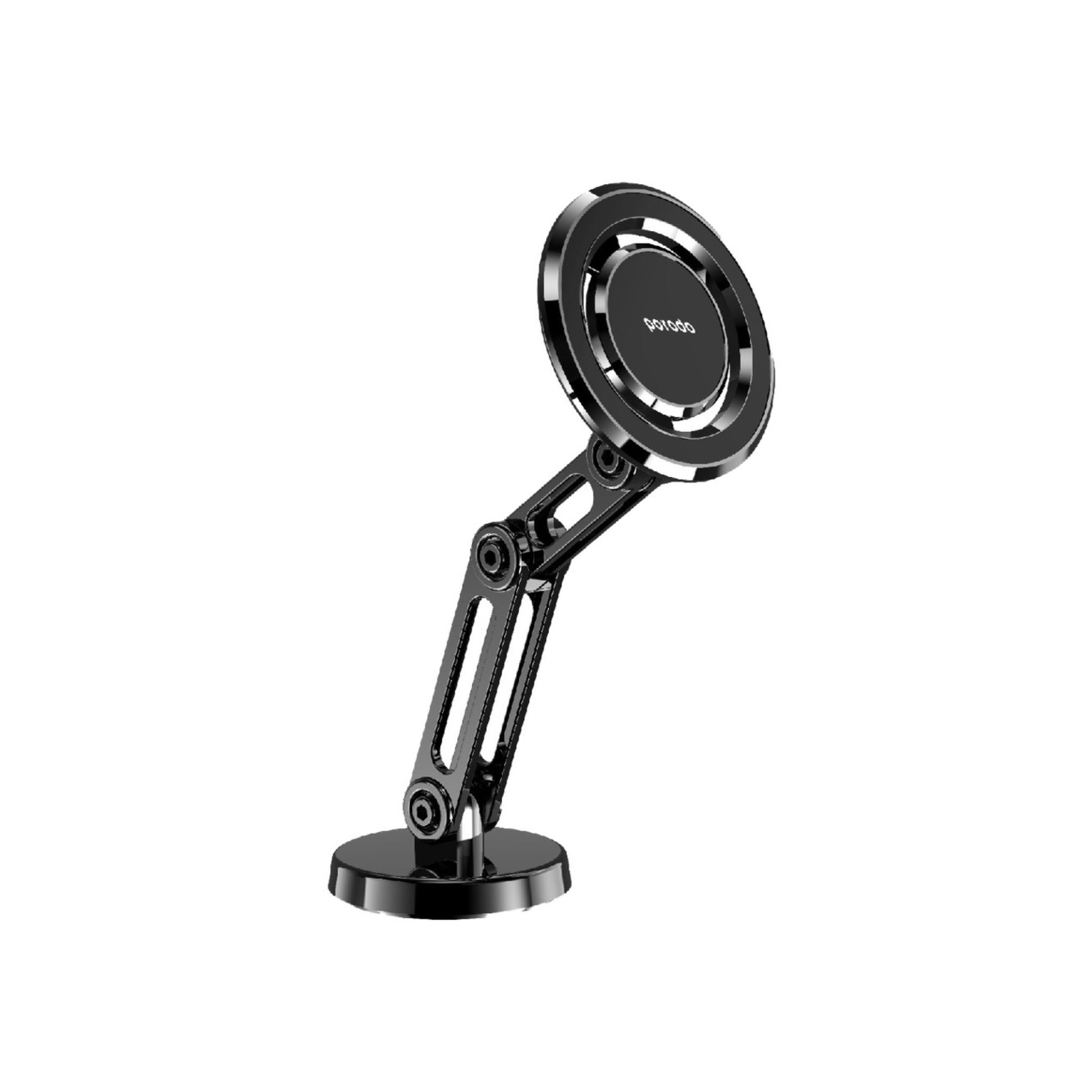 A black Porodo magnetic mount zinc alloy versatile phone with double arm and 360 rotation feature, placed on a flat surface.