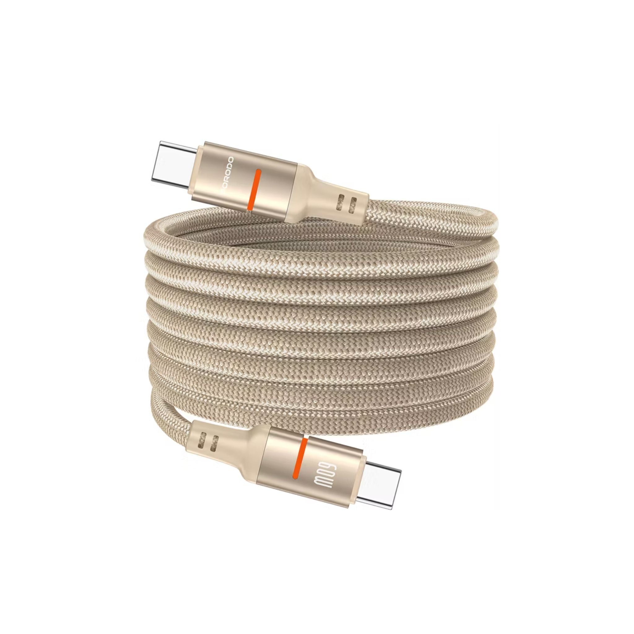 Braided USB cable with metallic connectors on a white background