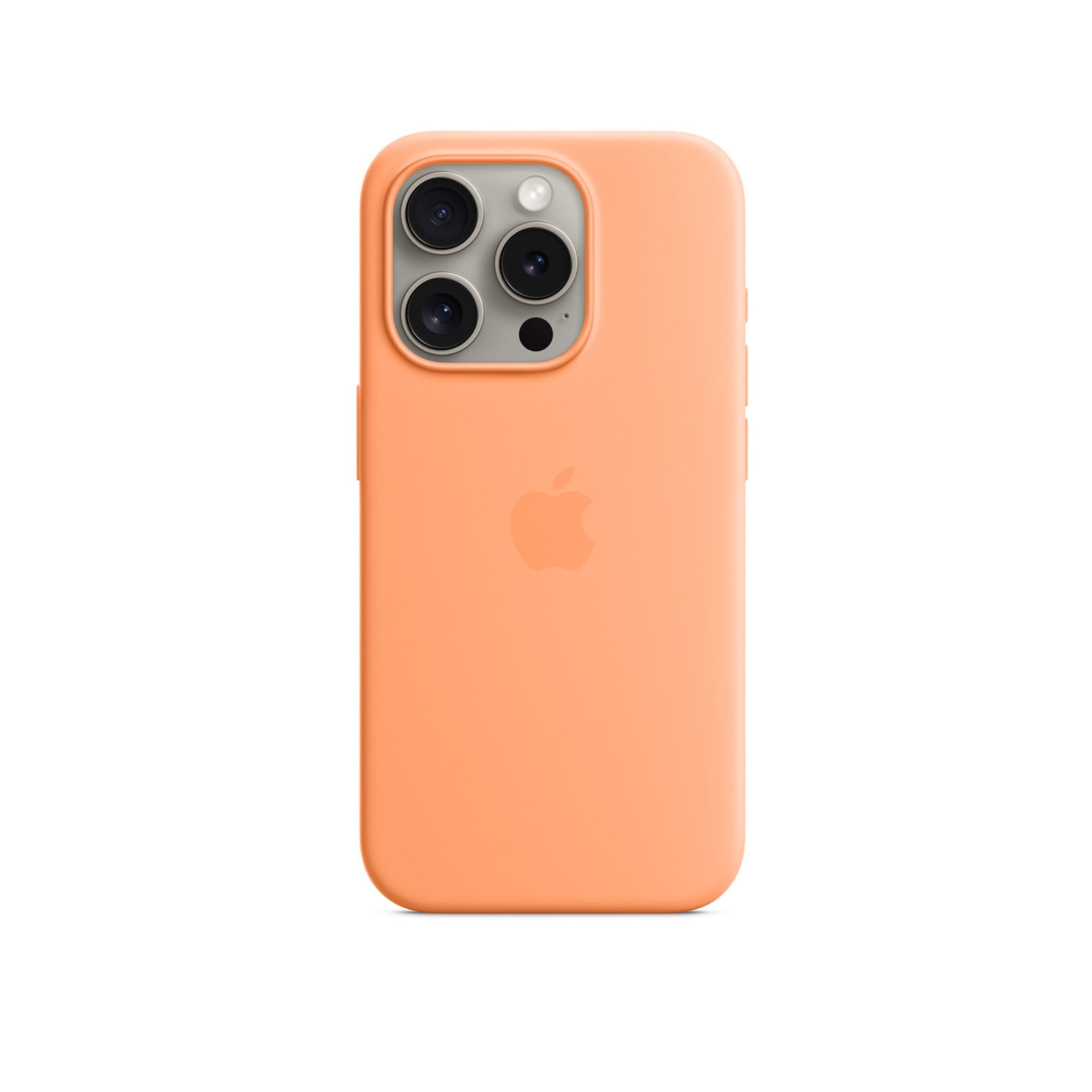 An orange silicone case for iPhone 15 Pro with MagSafe technology.