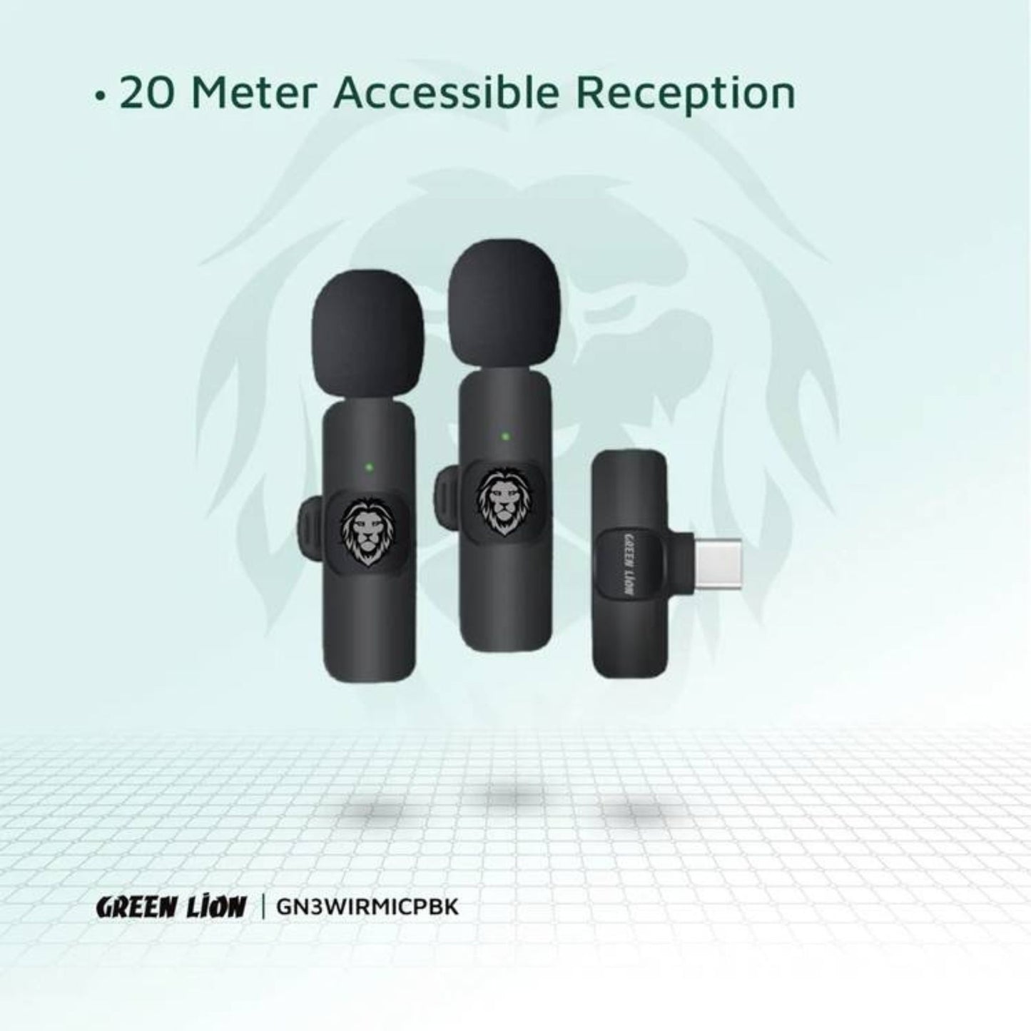 Green Lion 3 in 1 Wireless Microphone with 20 Meters Range, Highly Sensitive, 60mAh Battery Capacity, 5-6 Hours Battery Life - Black