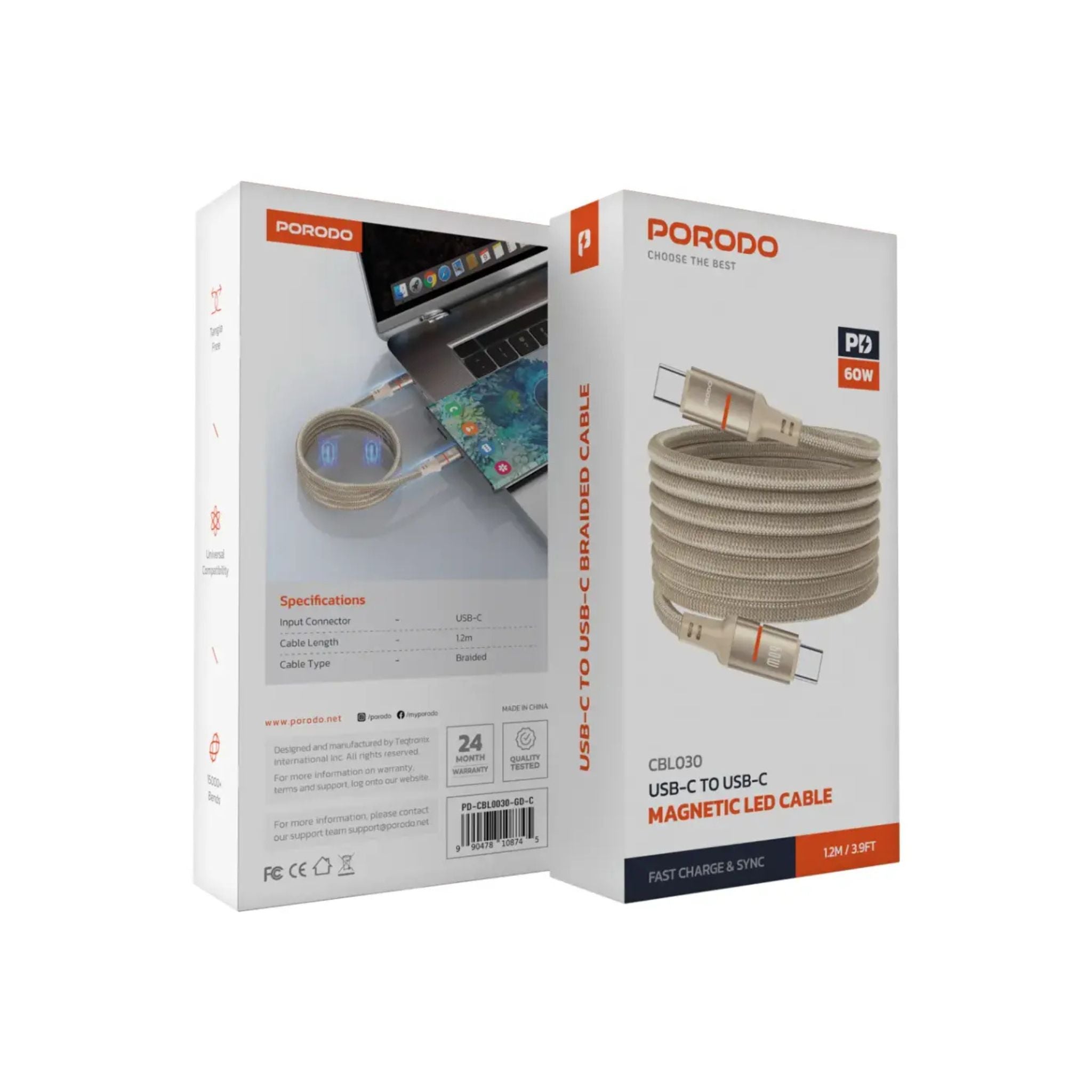 Porodo Type-C to Type-C Magnetic Braided Cable with 60W Power Delivery, 1.2m Cable Length, More than 15,000 Bends Lifespan, Tangle-Free Design - Gold