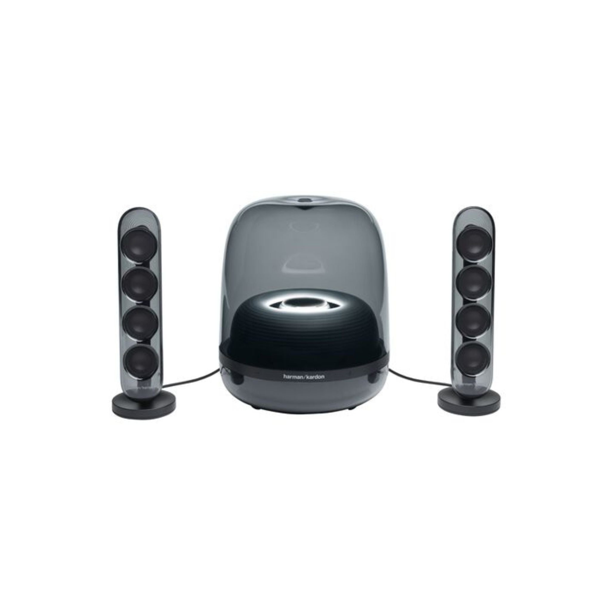 Harman Kardon Soundsticks 4 Bluetooth Wireless 2.1 Speaker System, consisting of a subwoofer and two satellite speakers.