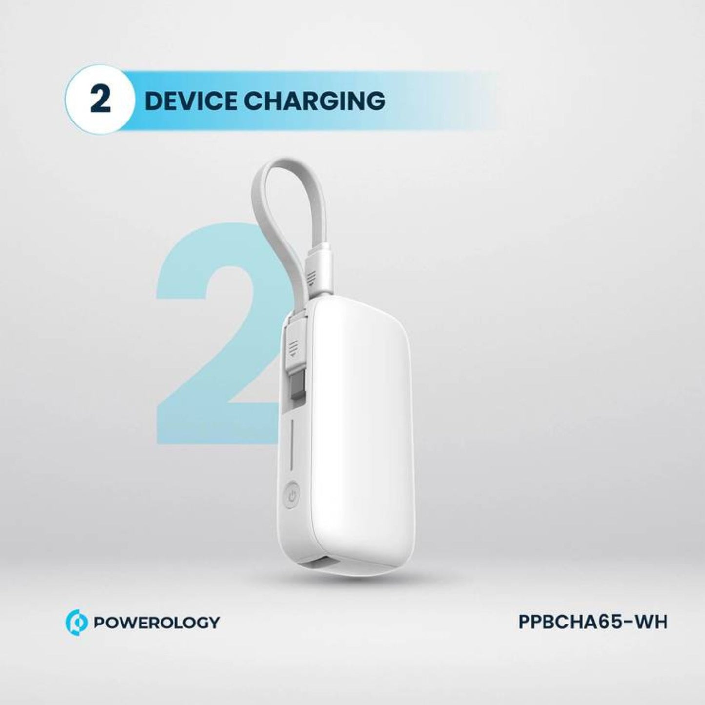 Powerology 5000mAh Power Bank with Removable USB-C Wire, Advanced Charging Technology, 2-Device Charging, Compact & Portable, Built-in Safeguards, 20W Power Delivery - White