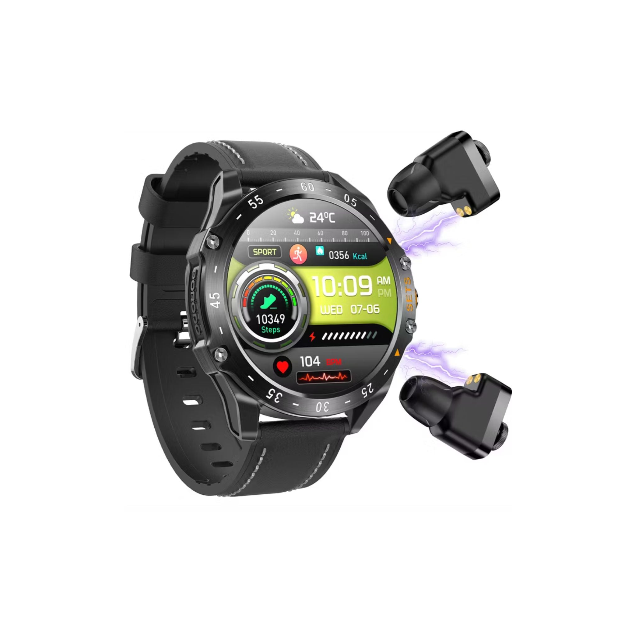 Porodo Hype Smart Watch with Wireless Earbuds and Black Leather Band, Compatible with Android 5.0, iOS 10.0 and Above