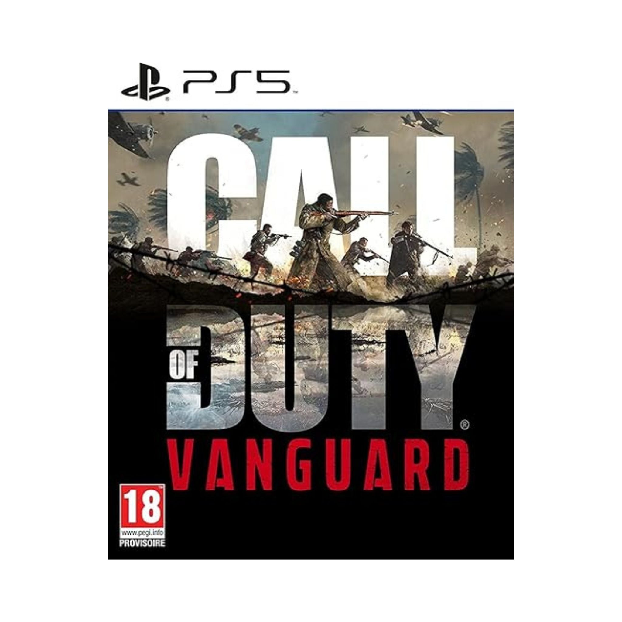 Call of Duty: Vanguard game cover for PS5 with action scene and '18' rating.