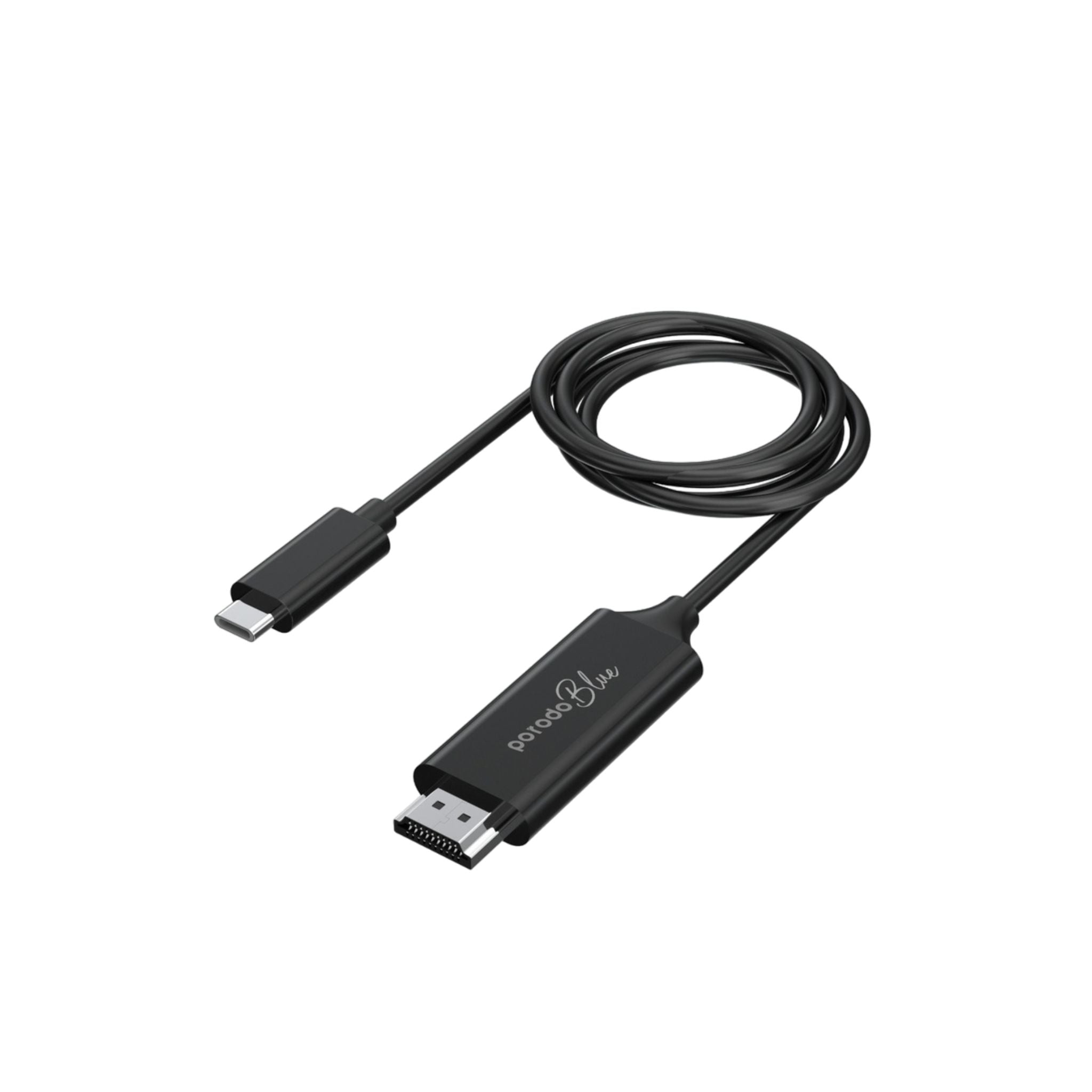 A black Porodo Type-C to HDMI cable with connectors on both ends, designed for Ultra HD and 4K video streaming.
