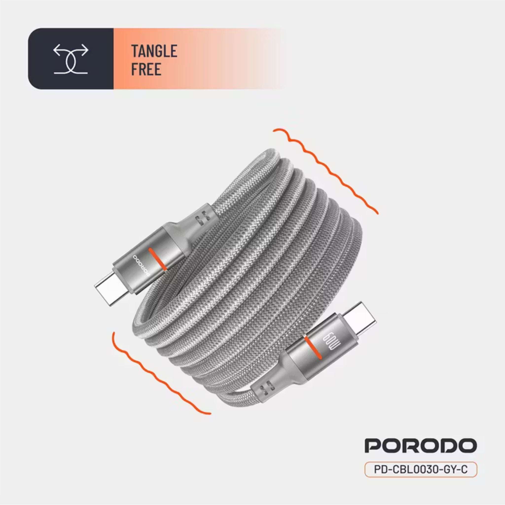 Porodo Type-C to Type-C Magnetic Braided Cable with 30W Power Delivery, 1.2m Cable Length, More than 15,000 Bends Lifespan, Tangle-Free Design - Gray