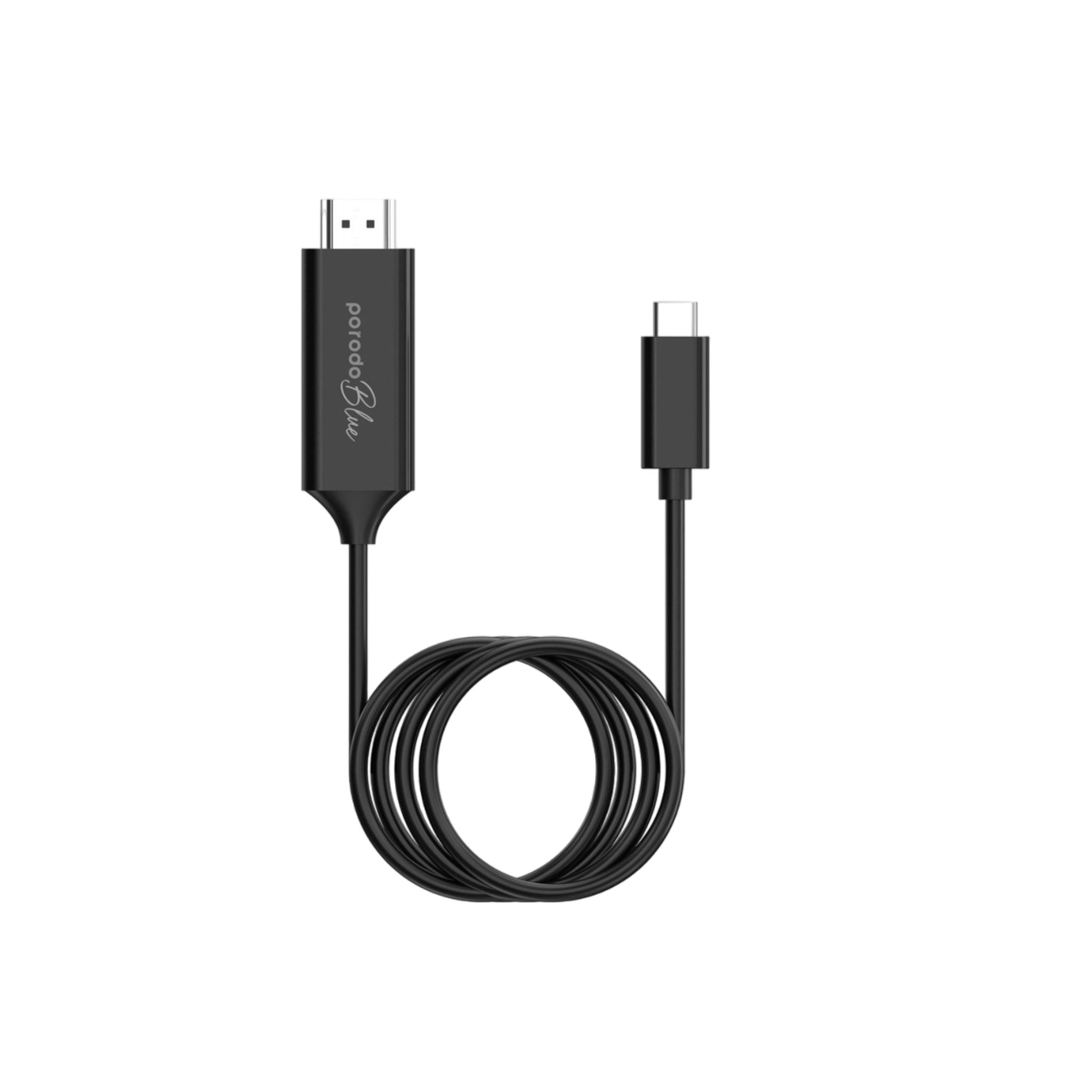 Porodo Blue Type-C to HDMI Ultra HD Cable with 2m Length, High-grade Copper Material, Highest Quality Video, Plug & Play - Black