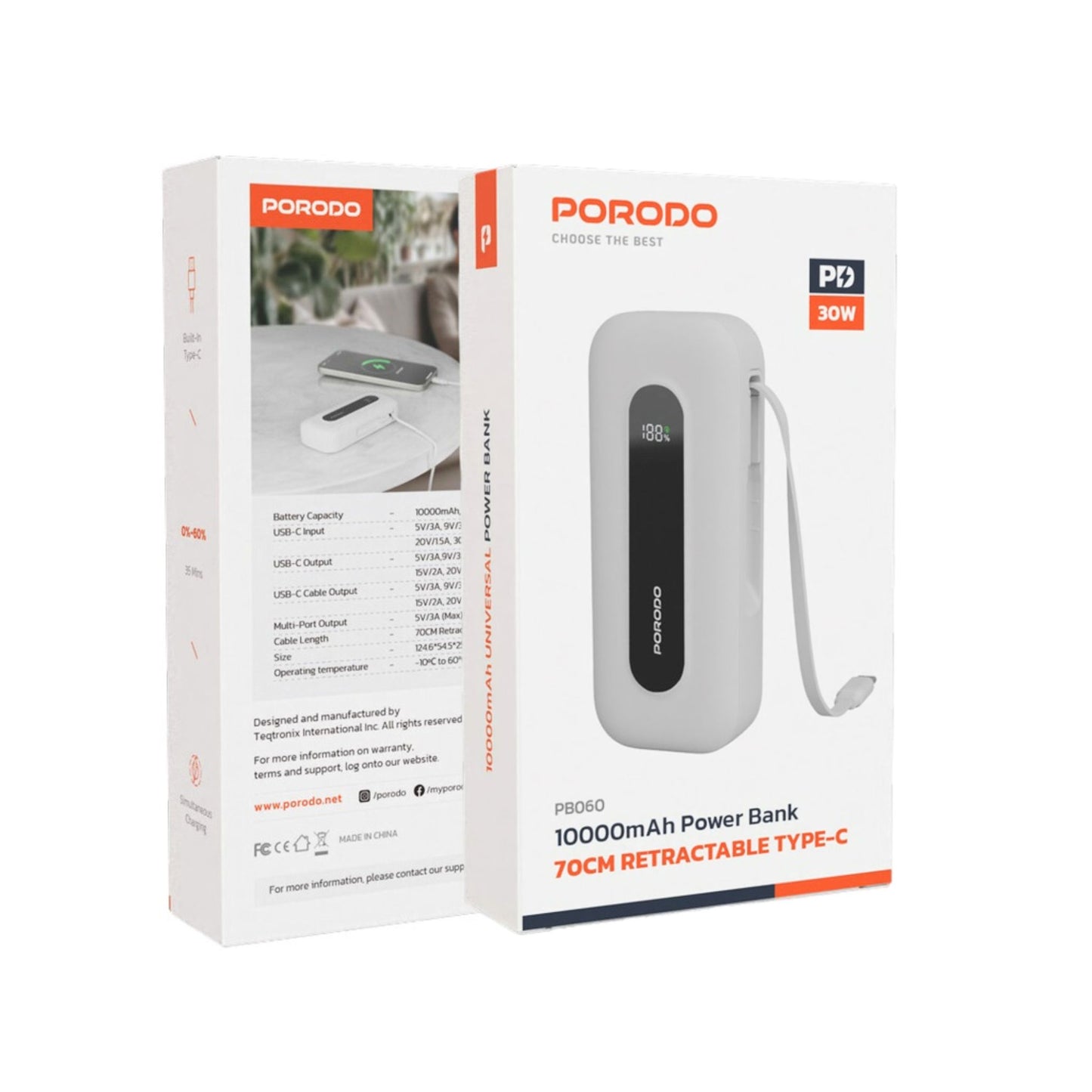 Porodo 10000mAh Powerbank 22.5W Type-C port and TypeC Cable with Digital Display_White