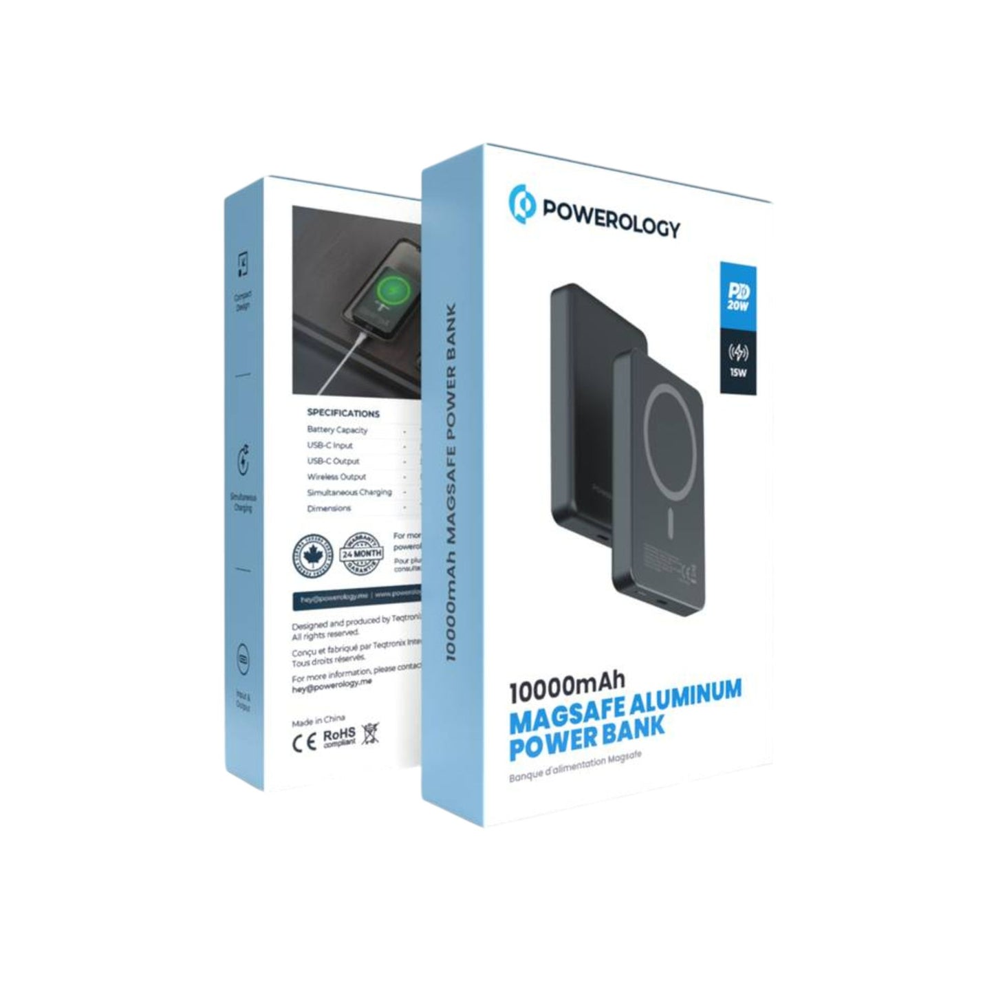 POWEROLOGY 10000mAh MagSafe Aluminum Power Bank with Battery Level Indicator, Lightweight & Compact Design, Fast & Simultaneous Charging, Type-C Input & Output, 15W Wireless Output - Dark Gray