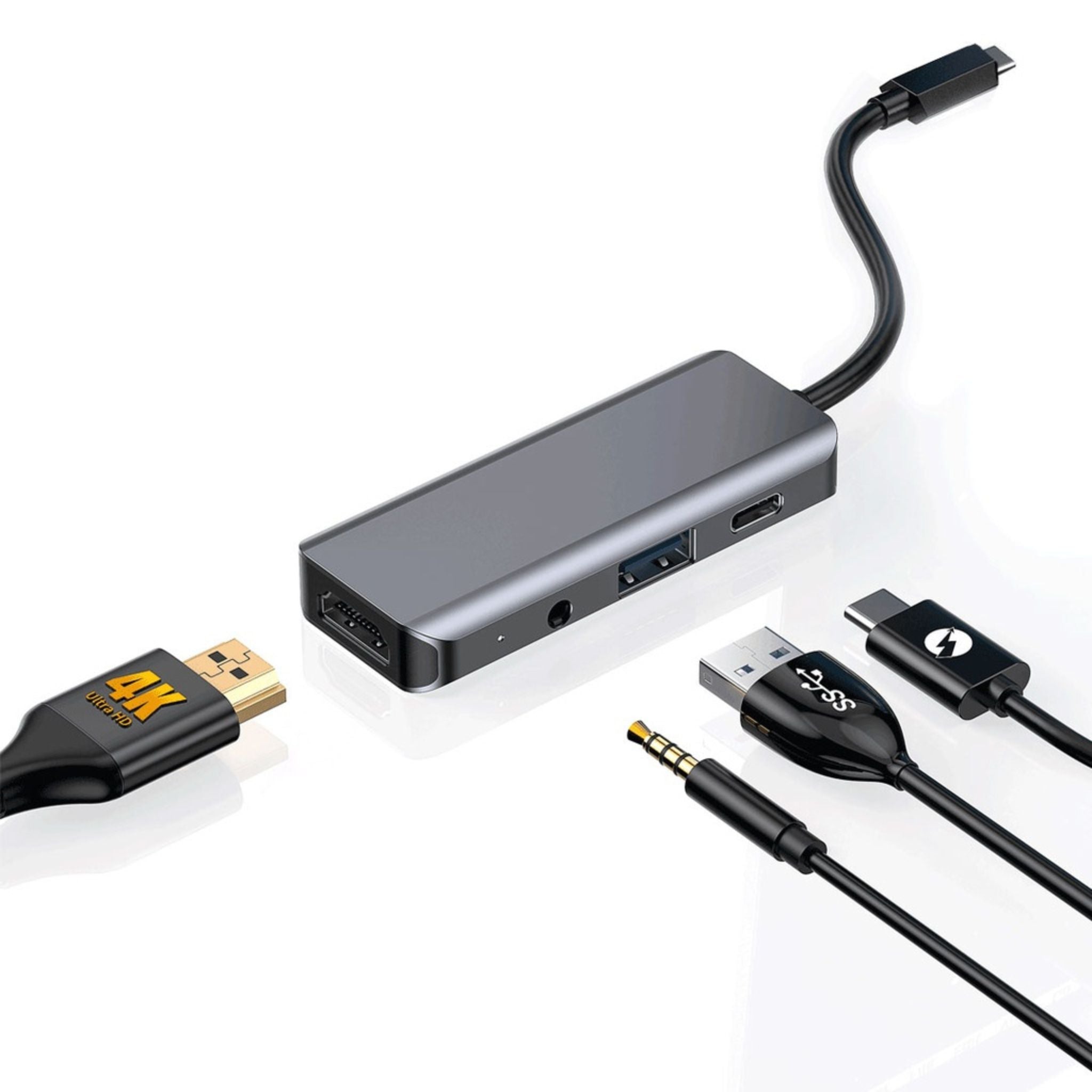 Porodo 4in1 USB-C Hub Type-C PD 100W HDMI USB 3.5mm Aux - Grey