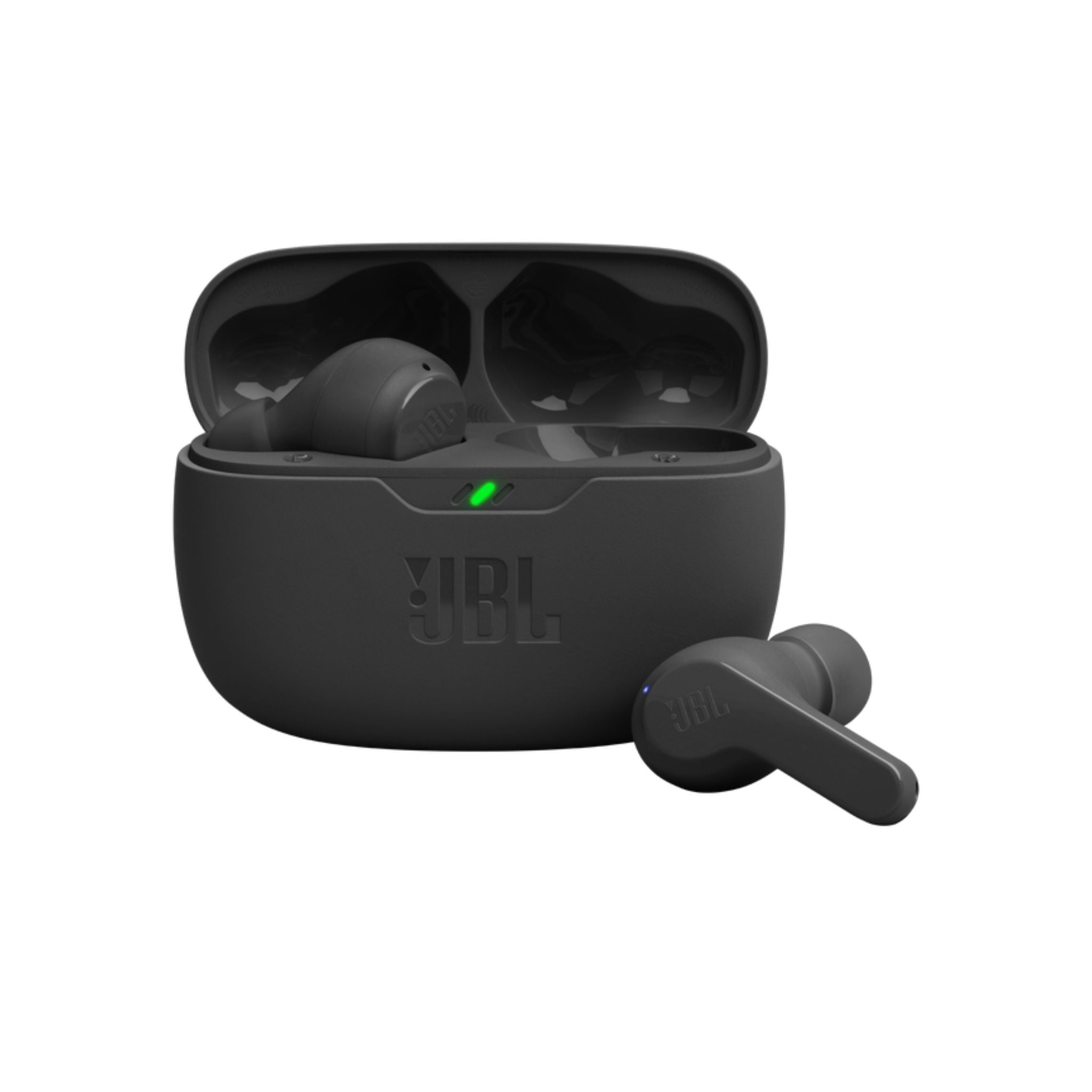 JBL Wave Beam True Wireless Earbuds in black color, with the earbuds case open showing the earbuds inside.