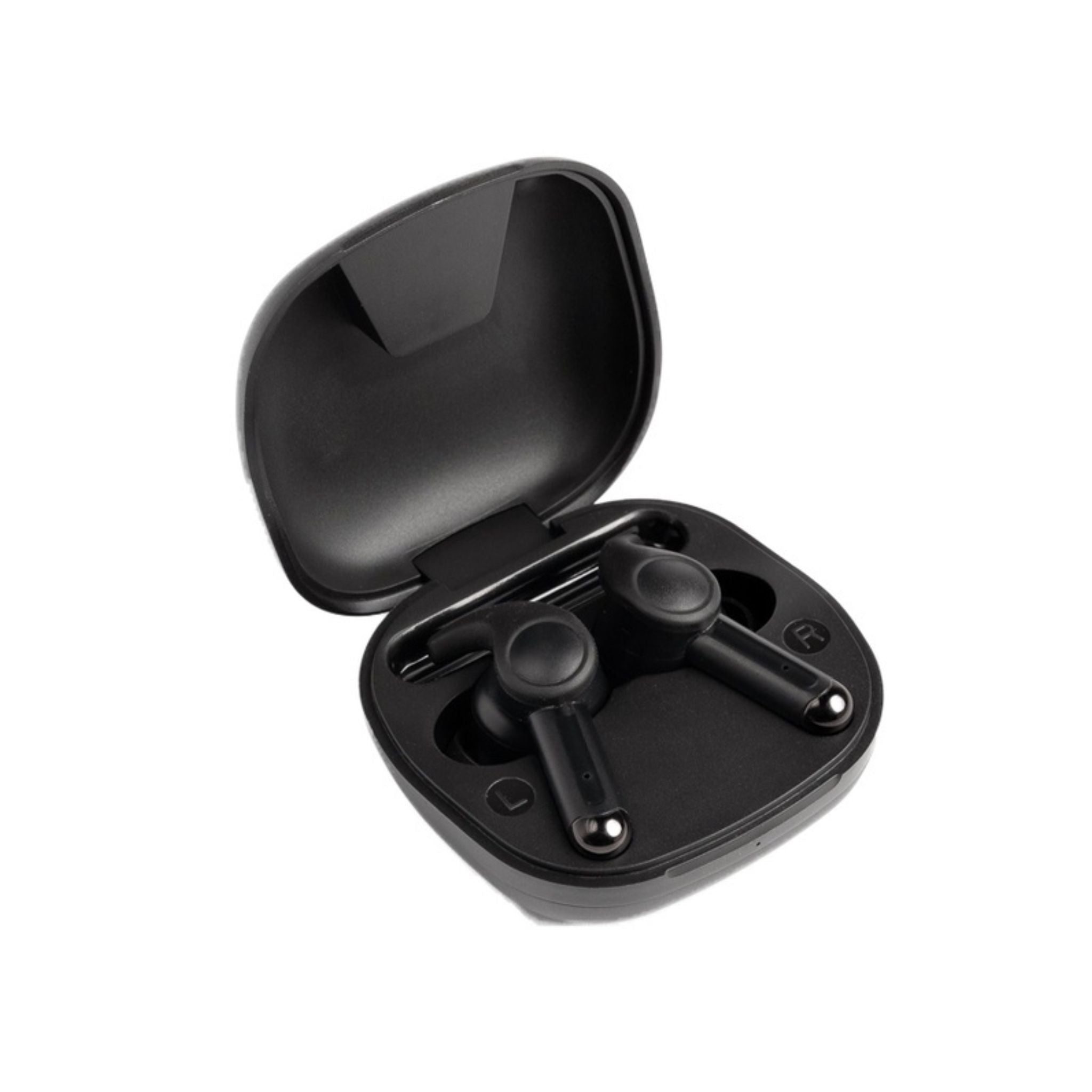 Black wireless earbuds with a charging case open, displaying the earbuds and the case's internal structure.