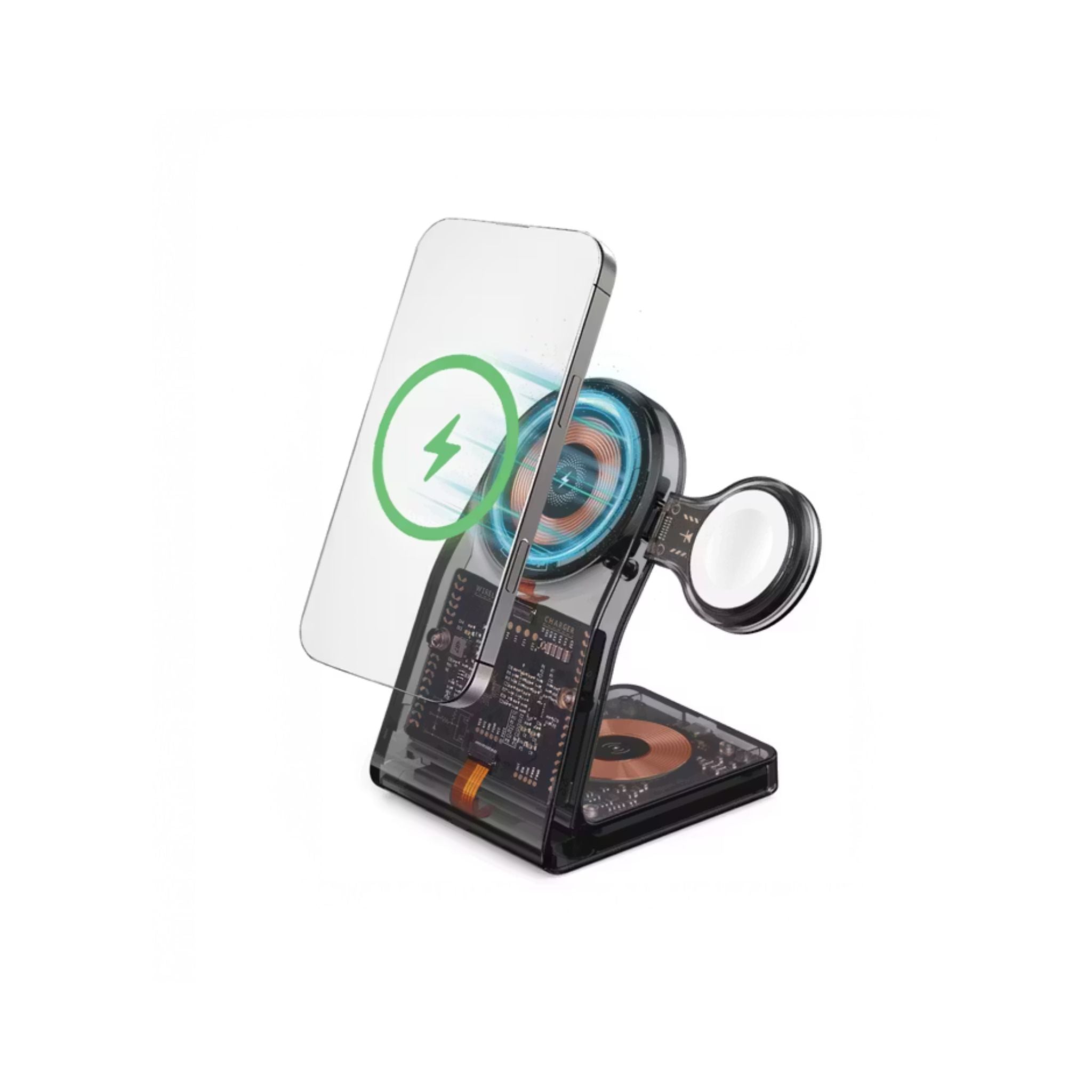 Phone with screen protector on a stand against a white background