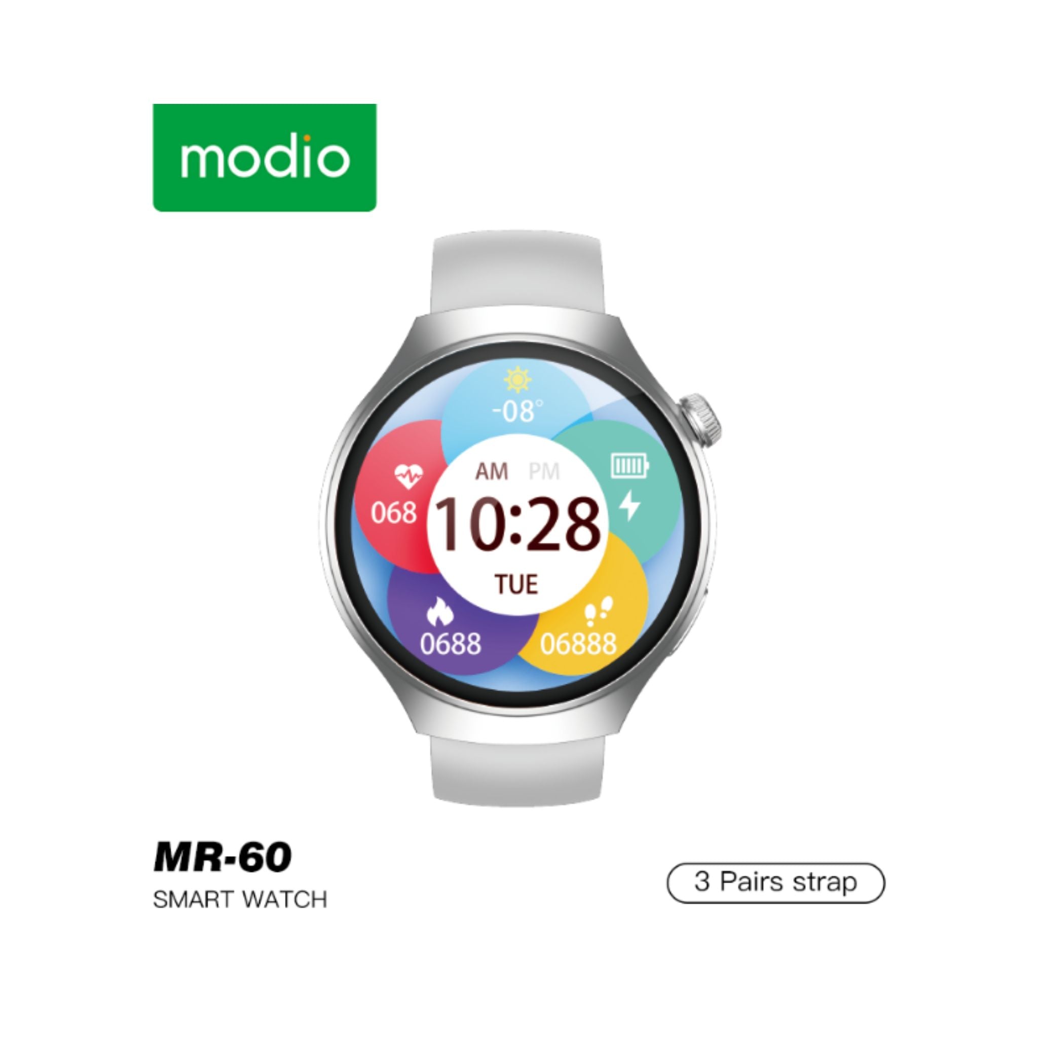 Modio MR-60 2.5D Curved Display Smartwatch – 4G SIM, Bluetooth Calling, Wireless Charging, Fitness Tracker, Multiple Straps – Silver