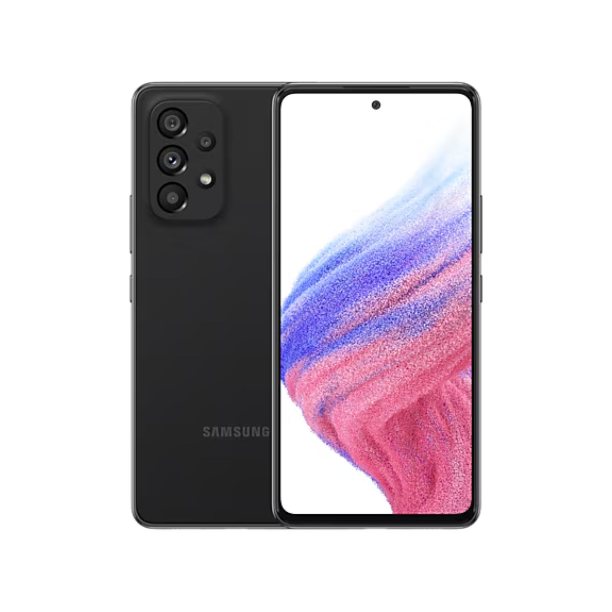 Black Samsung smartphone showing front and back on a white background