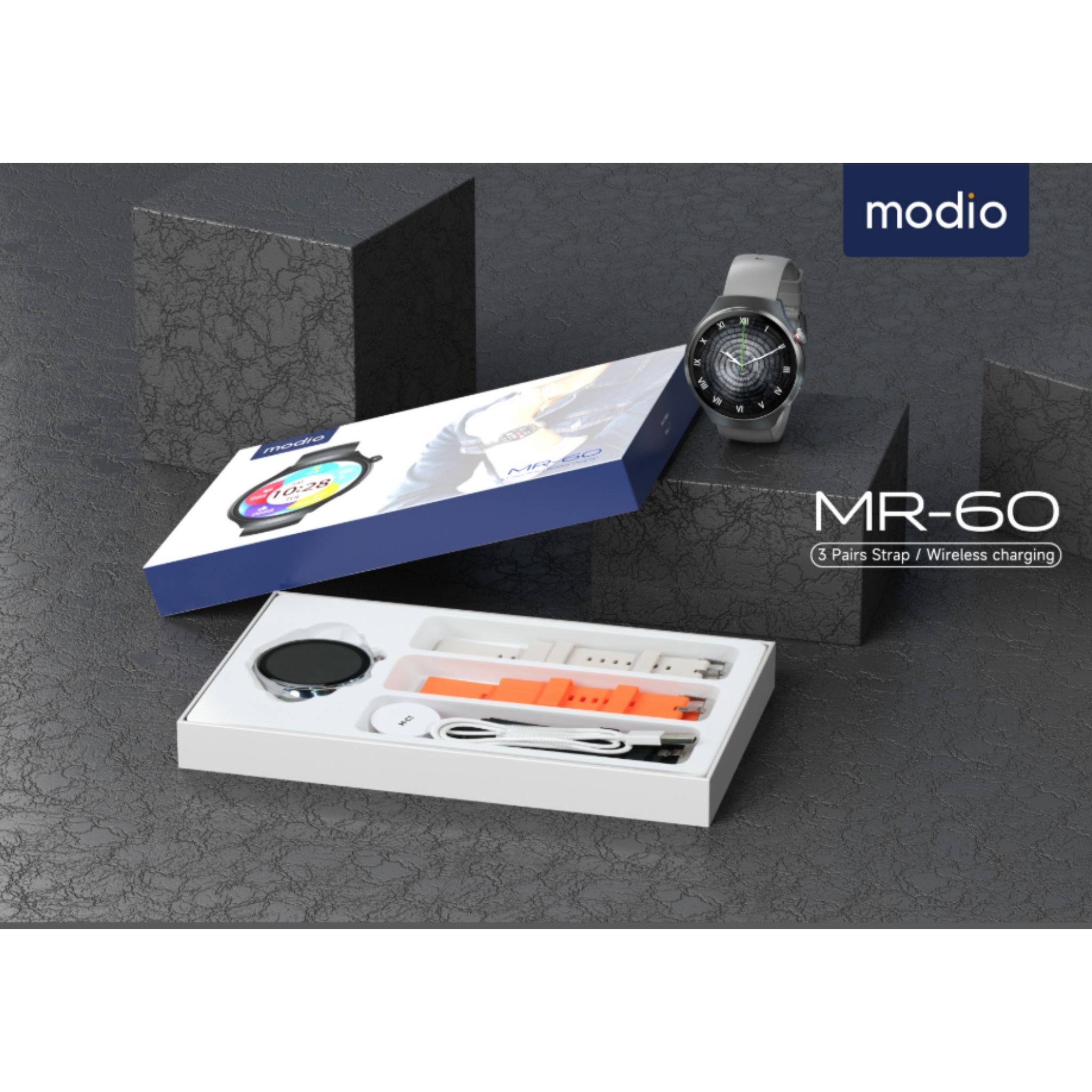 Modio MR-60 2.5D Curved Display Smartwatch – 4G SIM, Bluetooth Calling, Wireless Charging, Fitness Tracker, Multiple Straps – Silver