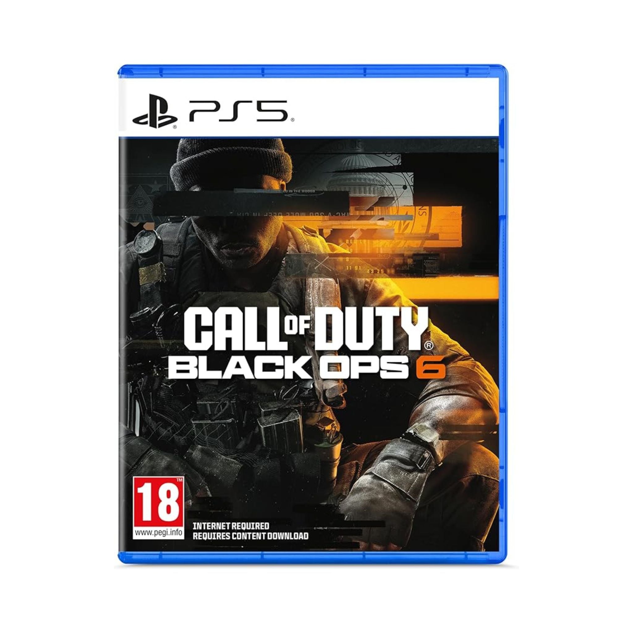 PlayStation 5 game disc for 'Call of Duty: Black Ops 6' with a soldier on the cover.