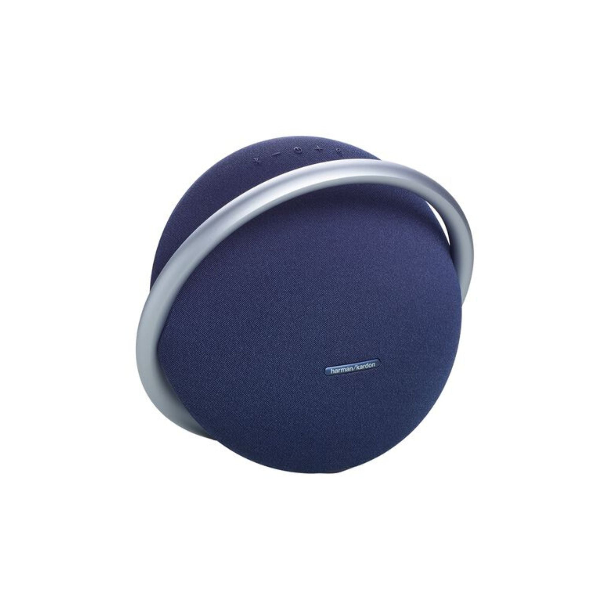 Harman Kardon Onyx Studio 8 Portable Wireless Speaker in blue color with a sleek design and a metallic handle.