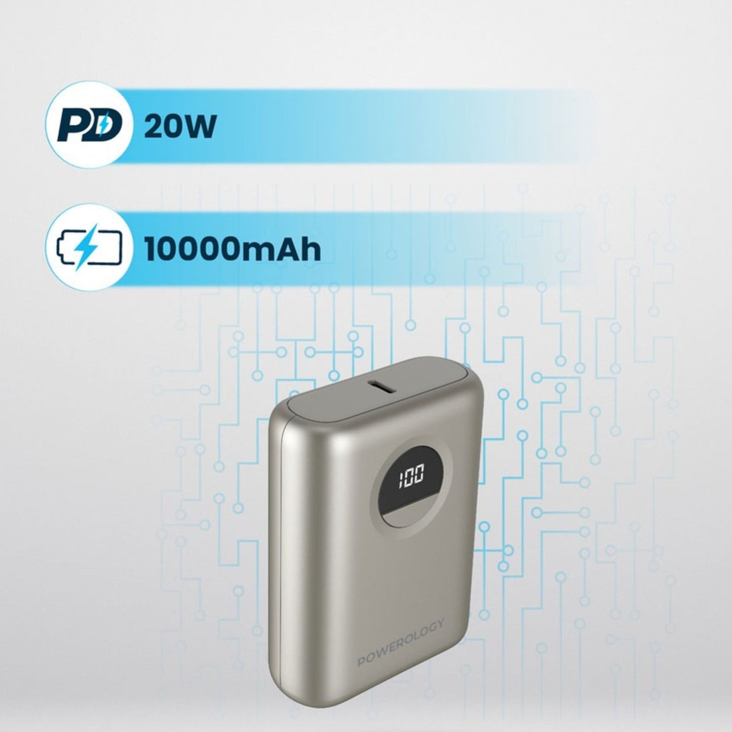 POWEROLOGY 10000mAh Power Bank with PD 20W, Power Dash 3.0, Ultra Compact & Light Design, Digital Display - Titanium