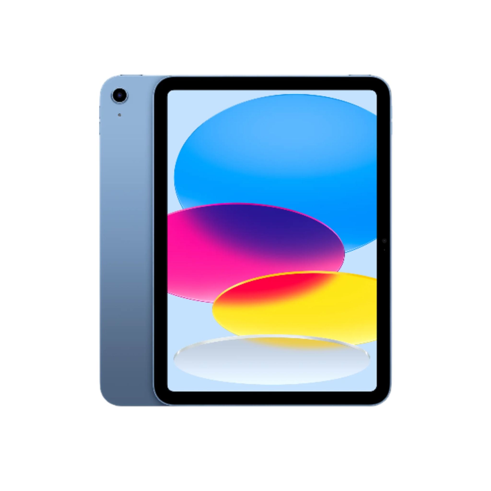 Apple iPad 10th Gen 2022 with a blue back cover and a display showing colorful graphics.