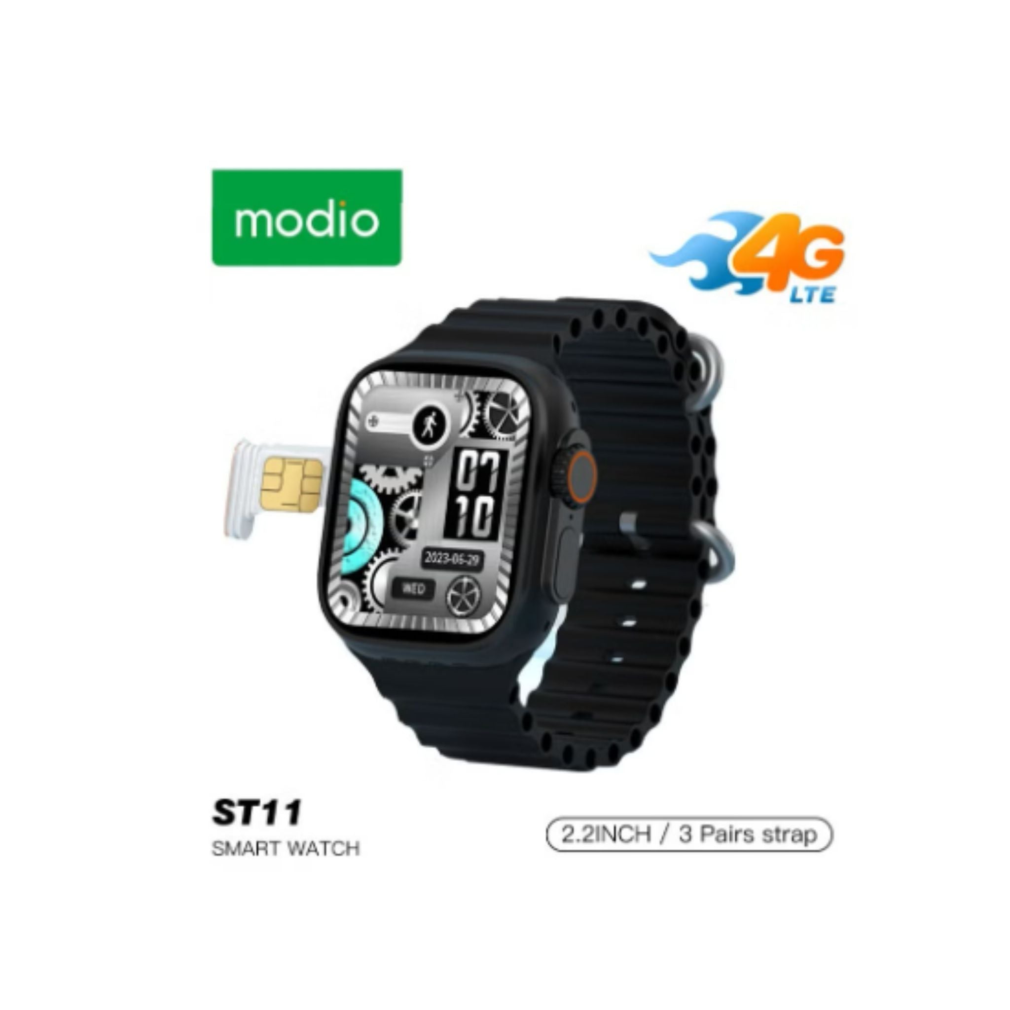 Modio ST11 Smart Watch 2.2 Inch Full Screen Display With 4G SIM card Support 3 Pair Straps and Wireless Charger For Ladies and Gents Black
