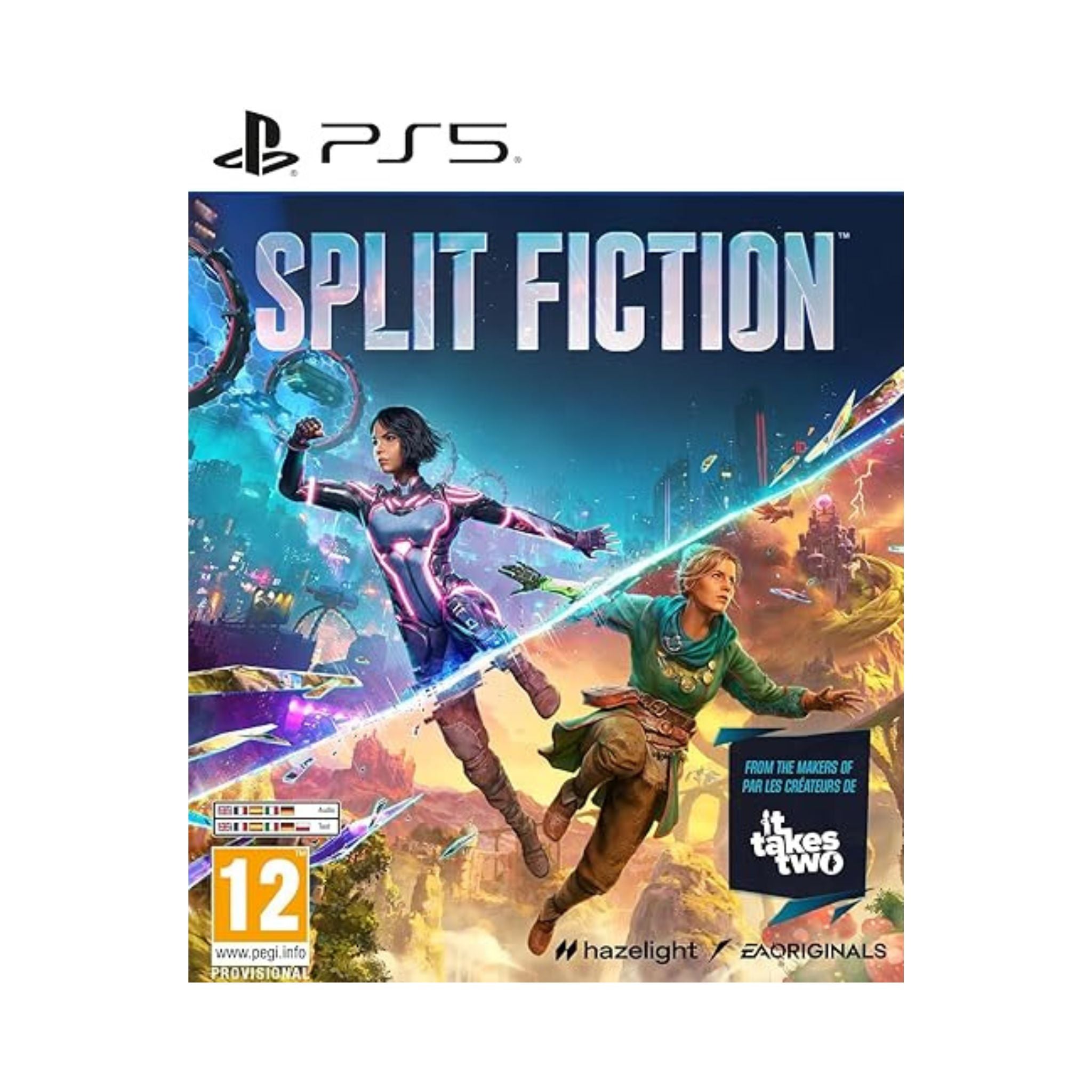 Game cover for 'Split Fiction' with PS5 logo, two characters, and colorful background.