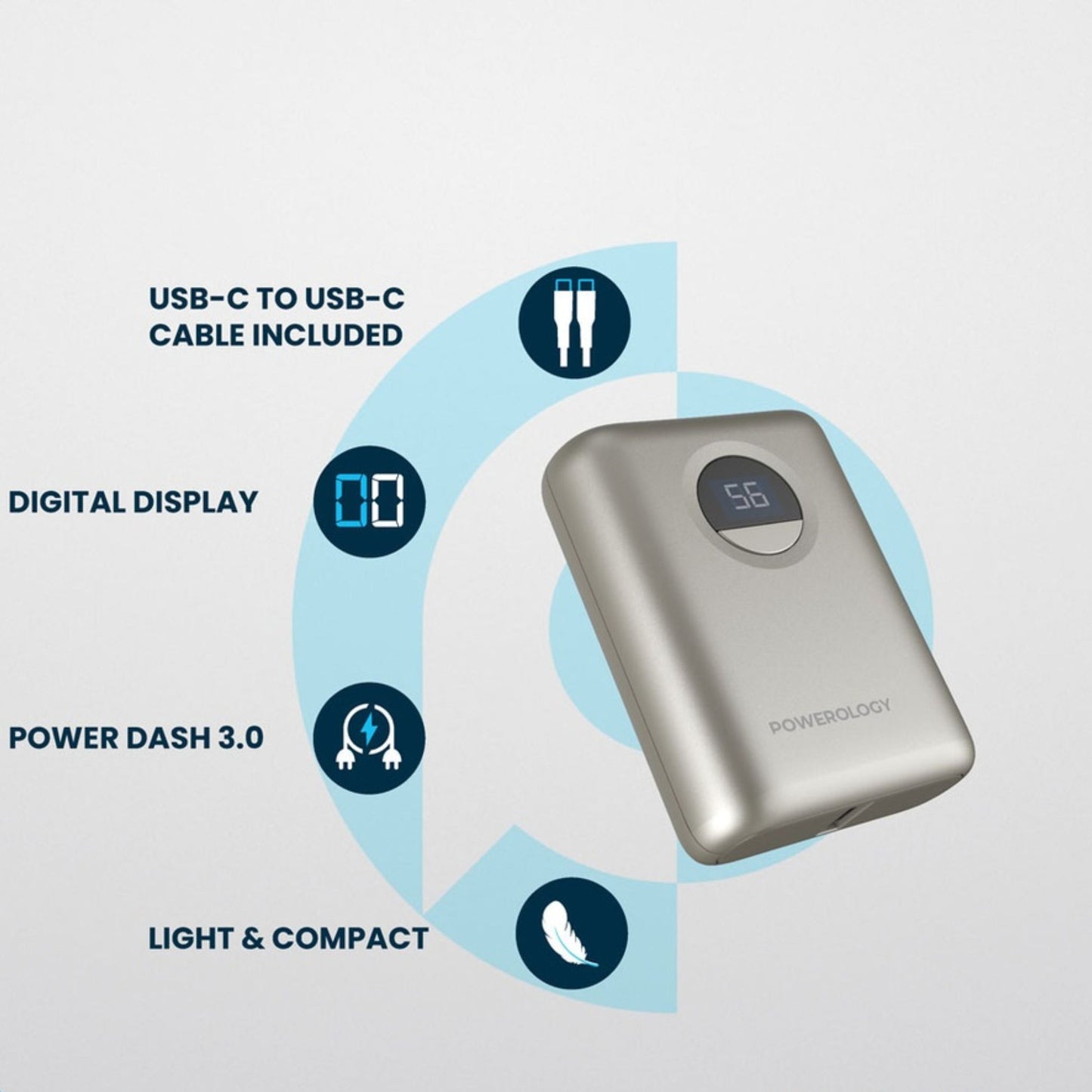 POWEROLOGY 10000mAh Power Bank with PD 20W, Power Dash 3.0, Ultra Compact & Light Design, Digital Display - Titanium