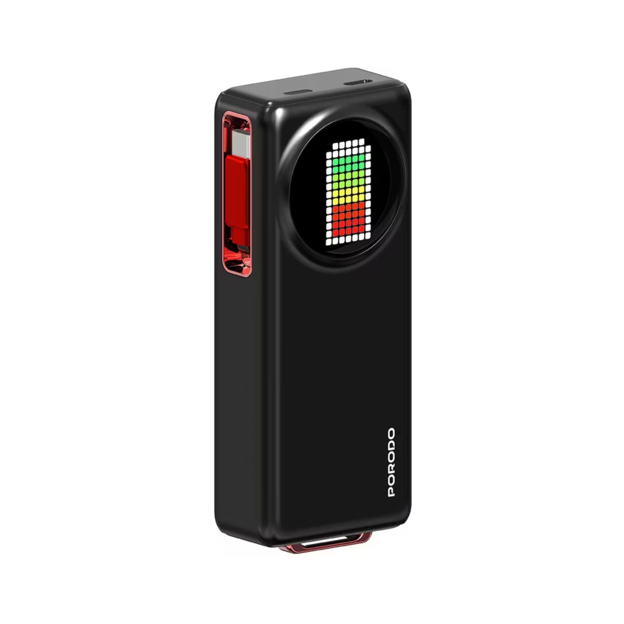 Black electronic device with a colorful display on a white background